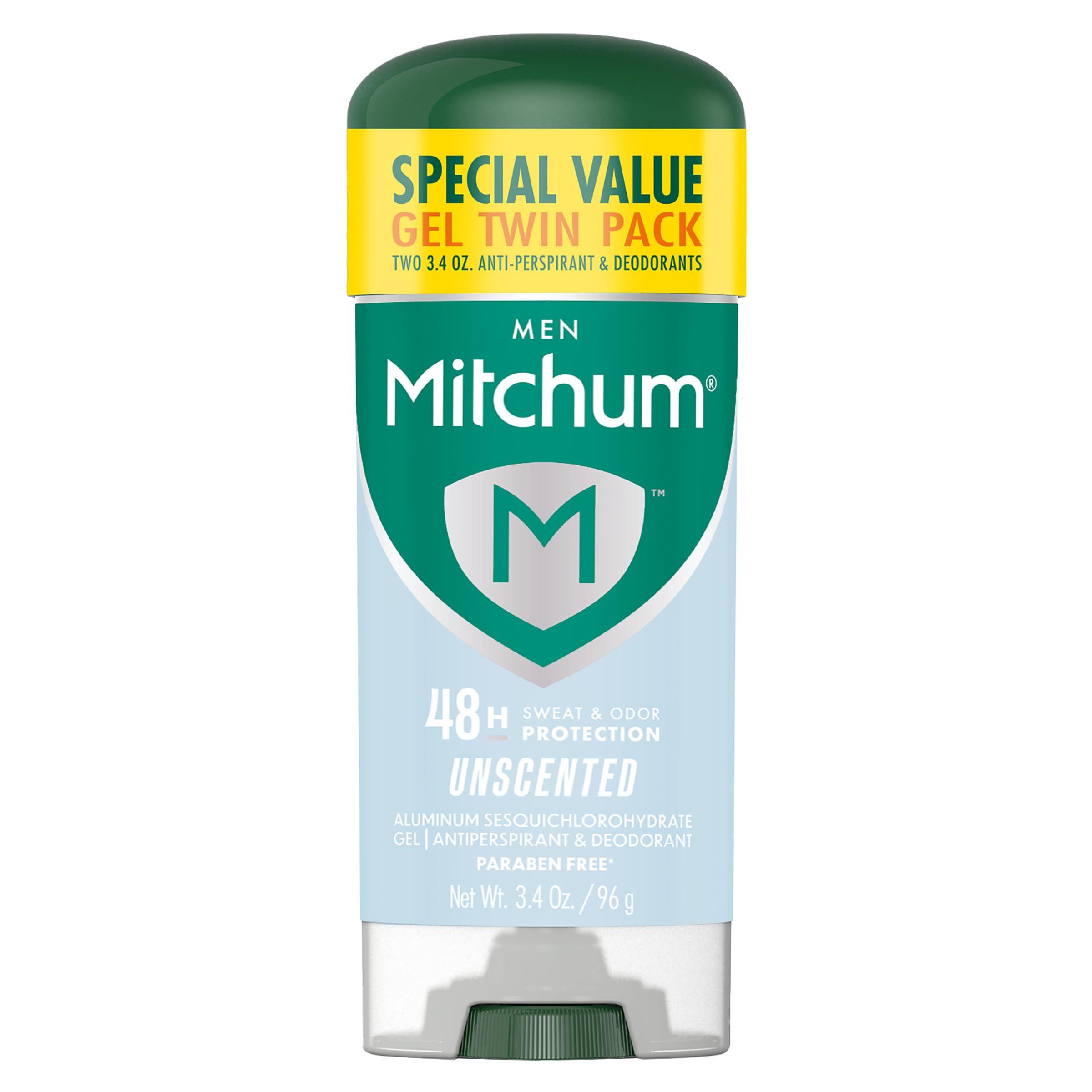 Mitchum Men's Deodorant, Antiperspirant, Triple Odor Defense Gel Stick, 48 Hr Protection, Dermatologist Tested, Alcohol Free, Unscented, 3.4 Oz (Pack of 2)