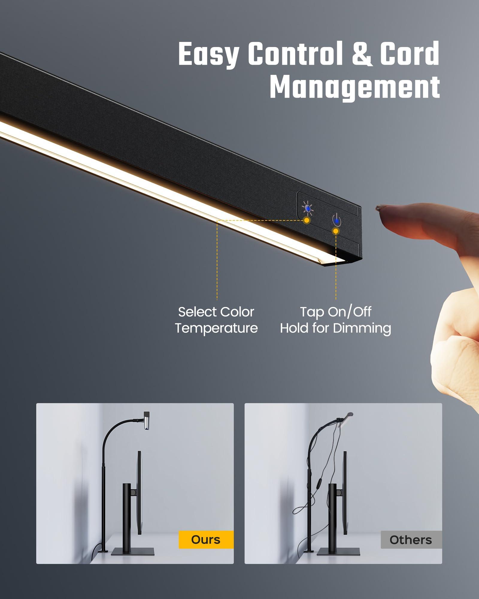 SUPERDANNY LED Desk Lamp for Office Home, Eye-Caring Desk Light with Adjustable Gooseneck, 12W Touch Control Dimmable Brightness, Architect Clamp Lamp with USB Adapter for Reading Study Workbench - Image 3