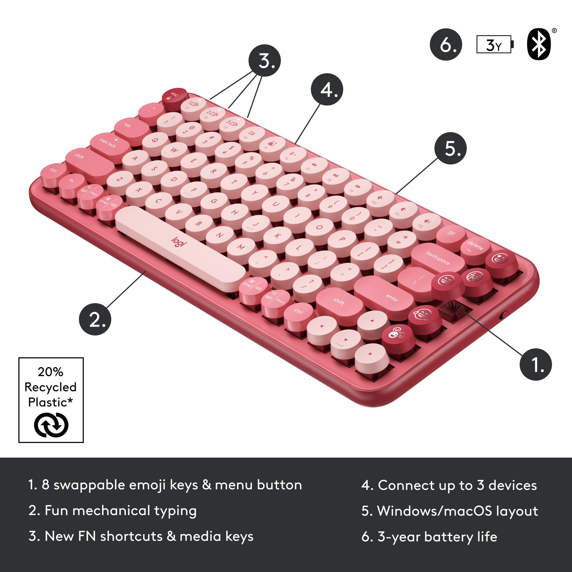 Logitech POP Mechanical Wireless Keyboard with Customizable Emoji Keys, Durable Compact Design, Bluetooth or USB Connectivity, Multi-Device, OS Compatible - Heartbreaker Rose - Image 7