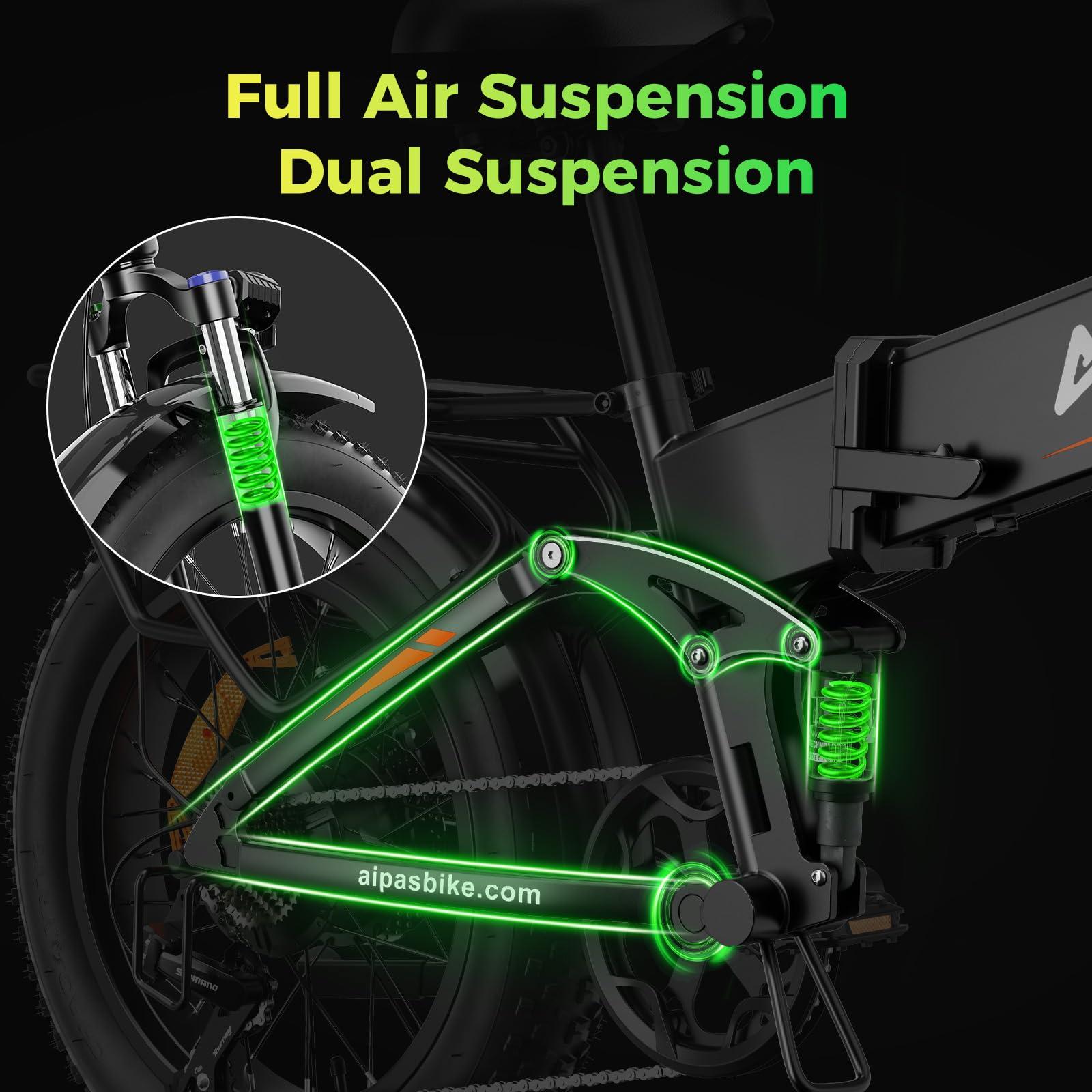 Aipas F3 Electric Bike for Adults with 1500W Motor Peak, 48V 12.8Ah Removable Battery Max 74 Miles 28MPH,20" x 3.0 Fat Tire Folding Electric Bike with 7-Speed and Full Suspension. - Image 4
