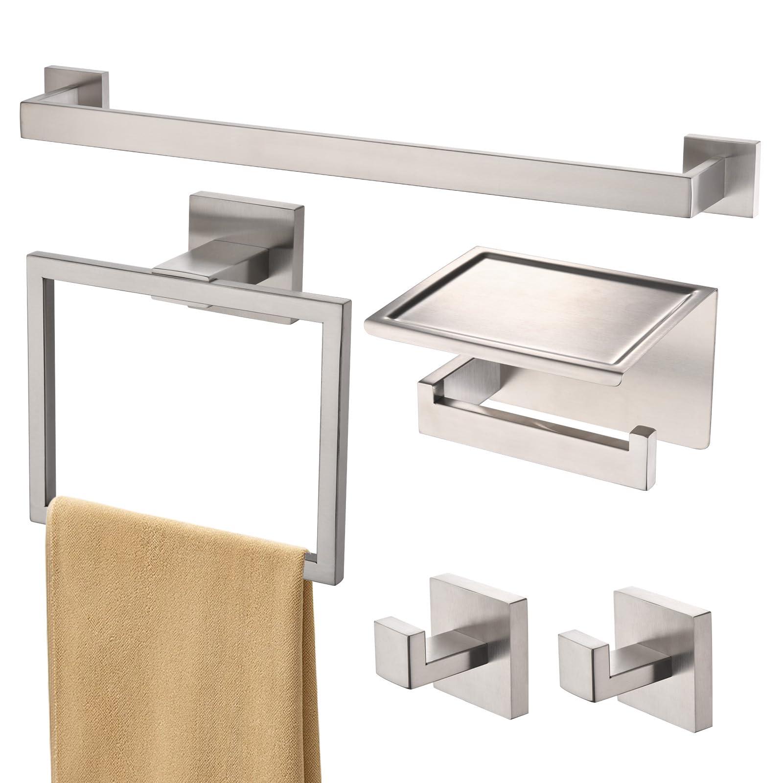 Taucent Bath Towel Bar Set 5 Pieces Brushed Nickel,Modern Bathroom Hardware Accessories Set Wall Mounted Include 16-InchTowel Rod,Towel Rack,Toilet Paper Holder with Shelf,2 Robe Hook