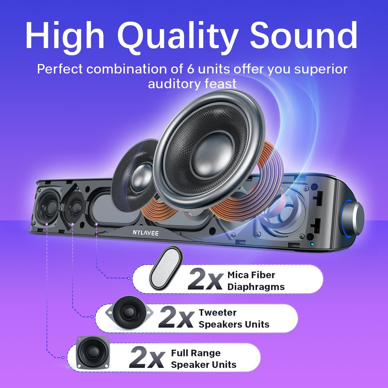 Computer Speakers, HiFi Sound Quality Computer Sound Bar, USB Powered PC Speakers, Bluetooth 5.0 and 3.5mm Aux-in Computer Speakers for Desktop, Laptops, PCs, Phones, Tablets, Xbox, Gaming Speakers - Image 2