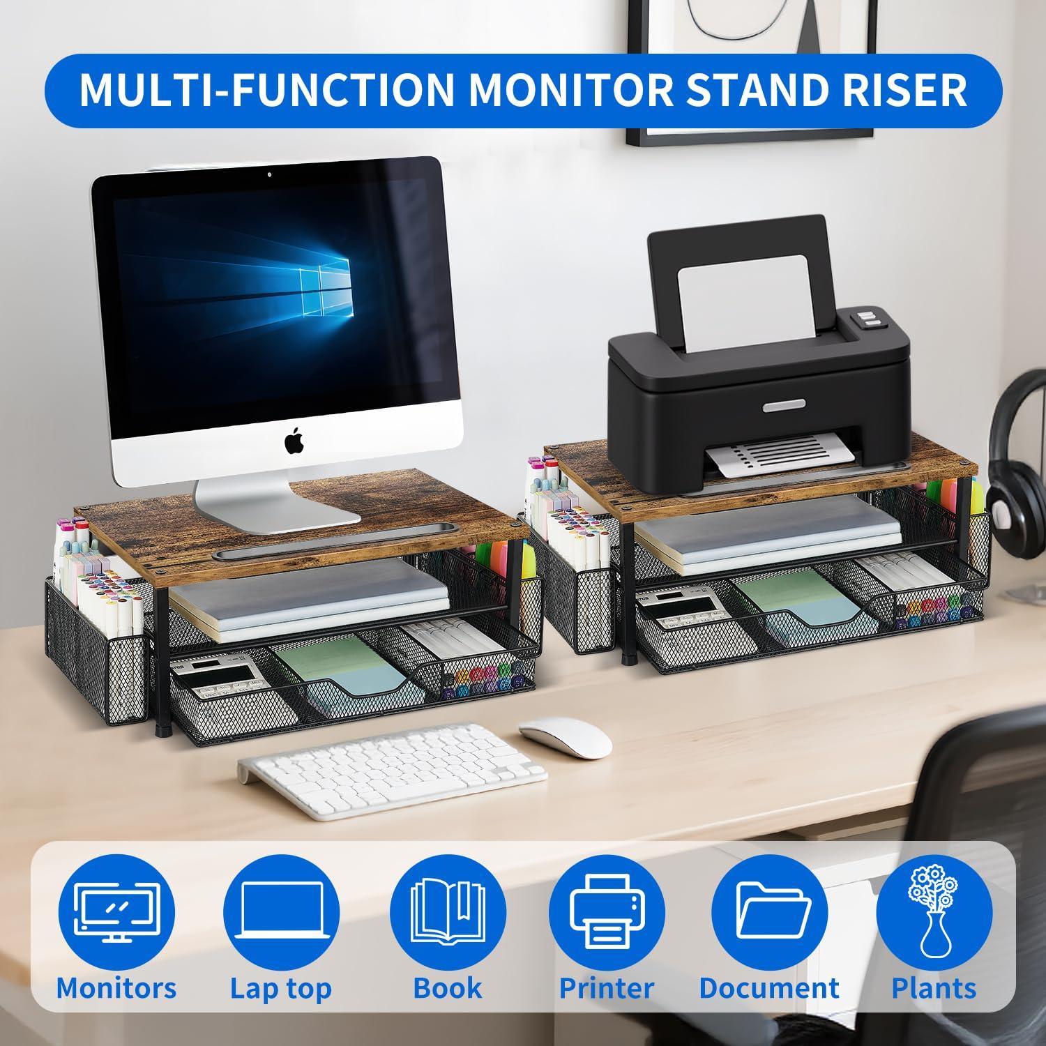 Wood Desk Organizers and Accessories, 2-Tier Computer Monitor Stand with Drawer, Pen Storage & Tablet Phone Holder, Office Desk Accessories, Workspace Desktop Organization for Office Supplies（Brown） - Image 5