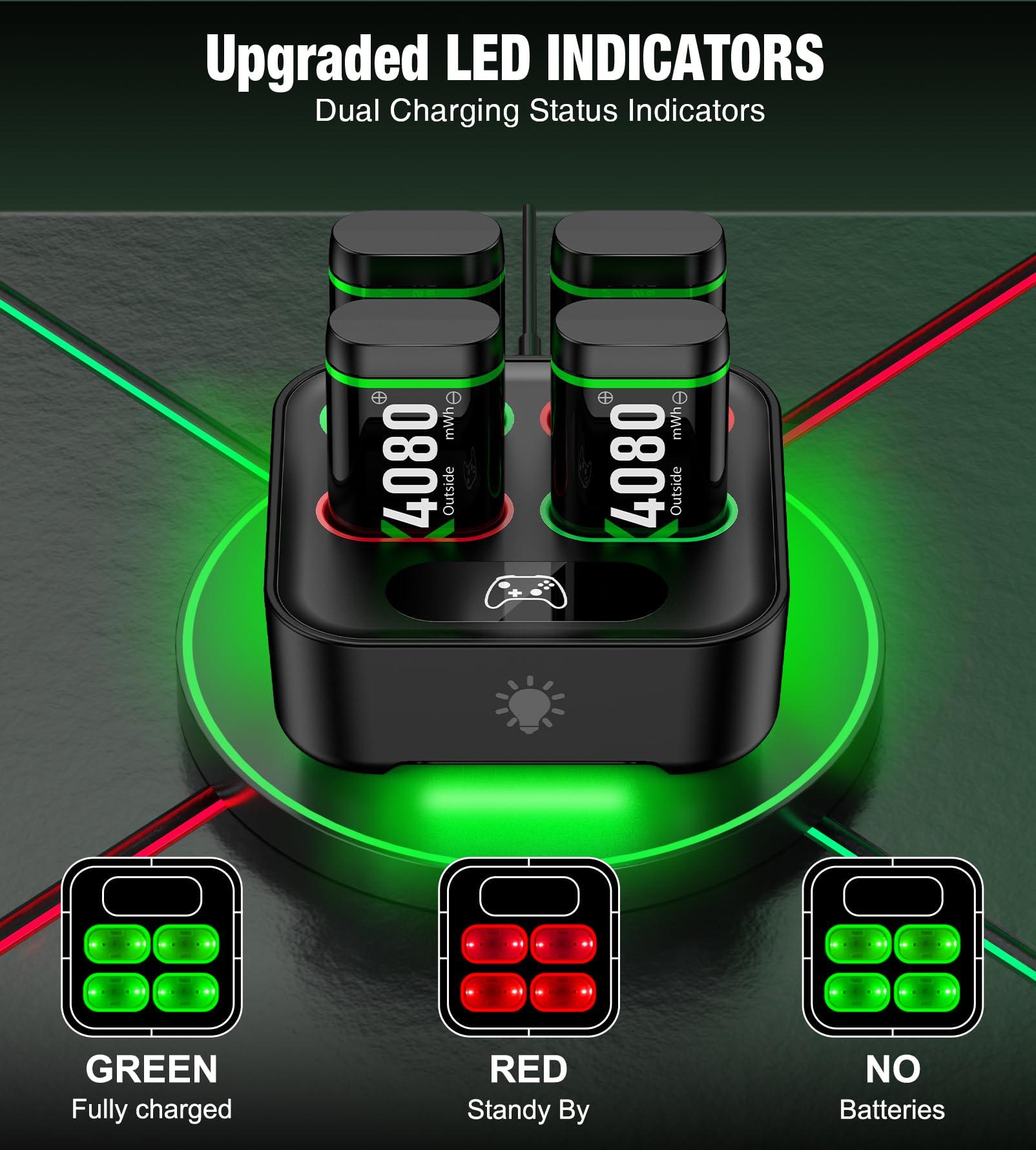 Upgraded Fast Charging Rechargeable Battery Packs for Xbox, 4 x 4080mWh Xbox Controller Batteries with Charger Dock & Light Control for Xbox Series X|S, One S/X/Elite Controllers, Console Accessory - Image 7