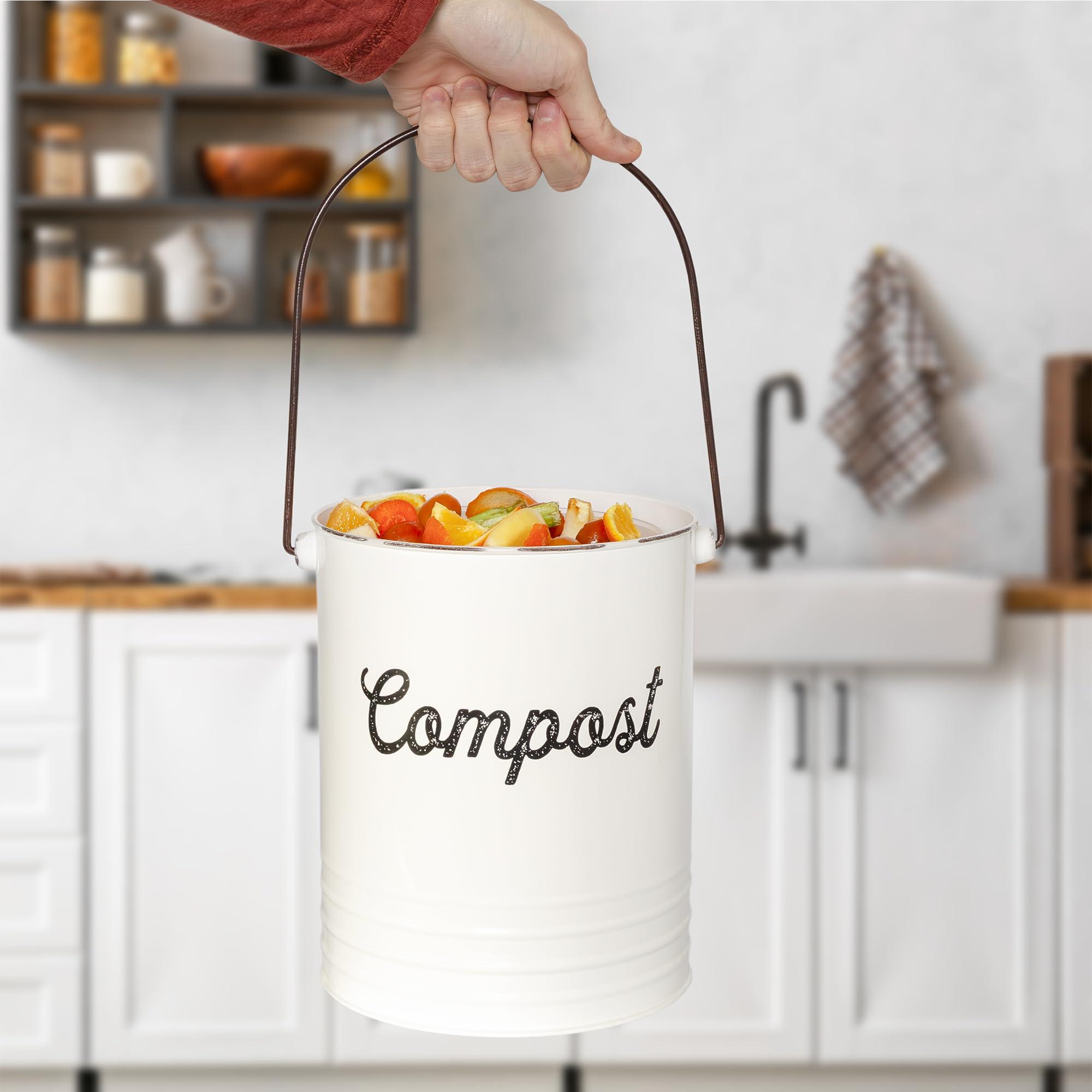 AuldHome Design Kitchen Compost Bin for Countertop | 1.3 Gallon Composting Bucket with Lid | Includes 3 Charcoal Filters | (White Enamel) - Image 9