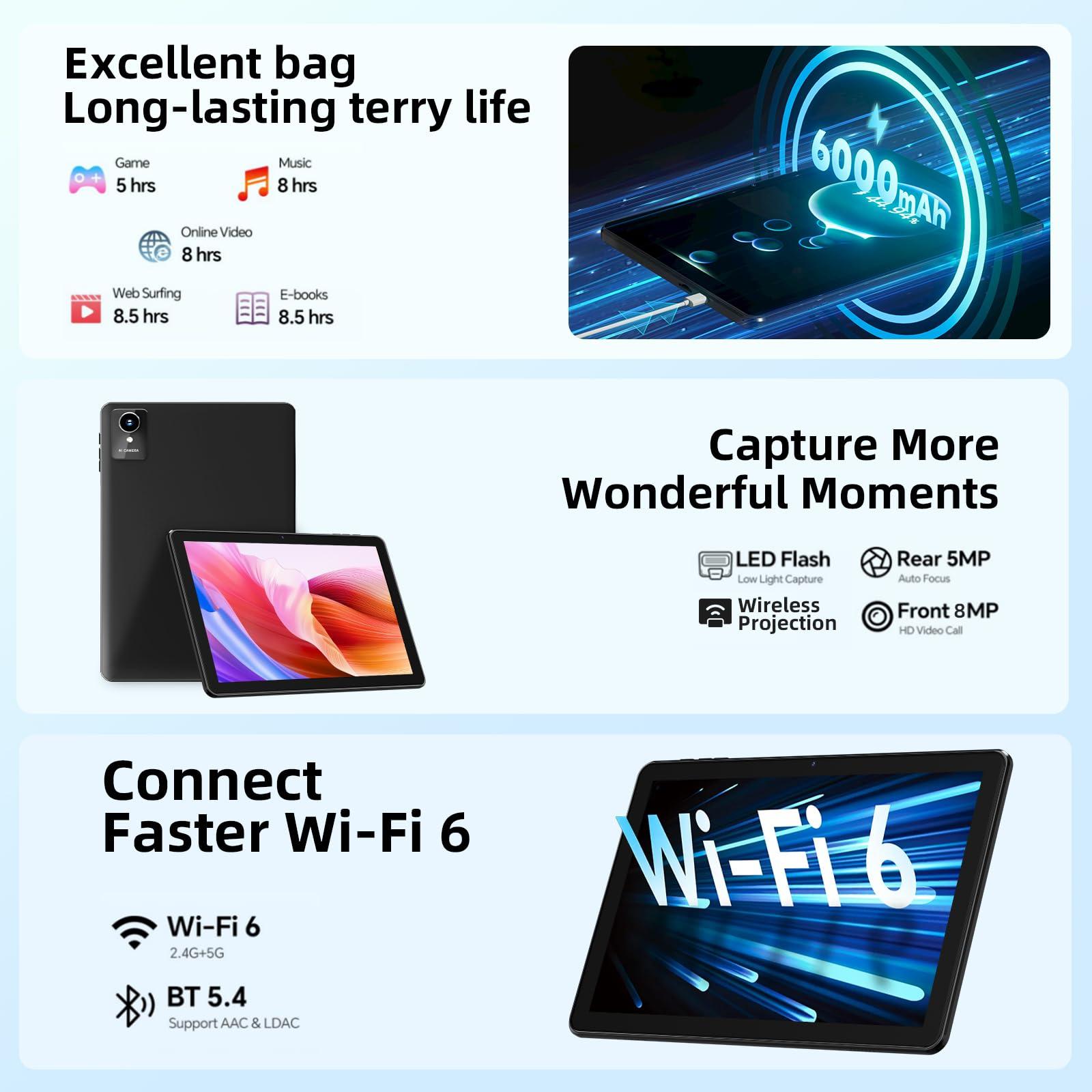 2024 New Tablet 10 inch Android 14 Tablets, 10(4+6)GB RAM+128GB ROM+1TB Expand, Octa-Core 2.0GHz, 1280 * 800 IPS Incell Display, 6000mAh, 5MP+8MP Camera, 5G+2.4G Wi-Fi/Bluetooth 5.4, Widevine L1 - Image 8