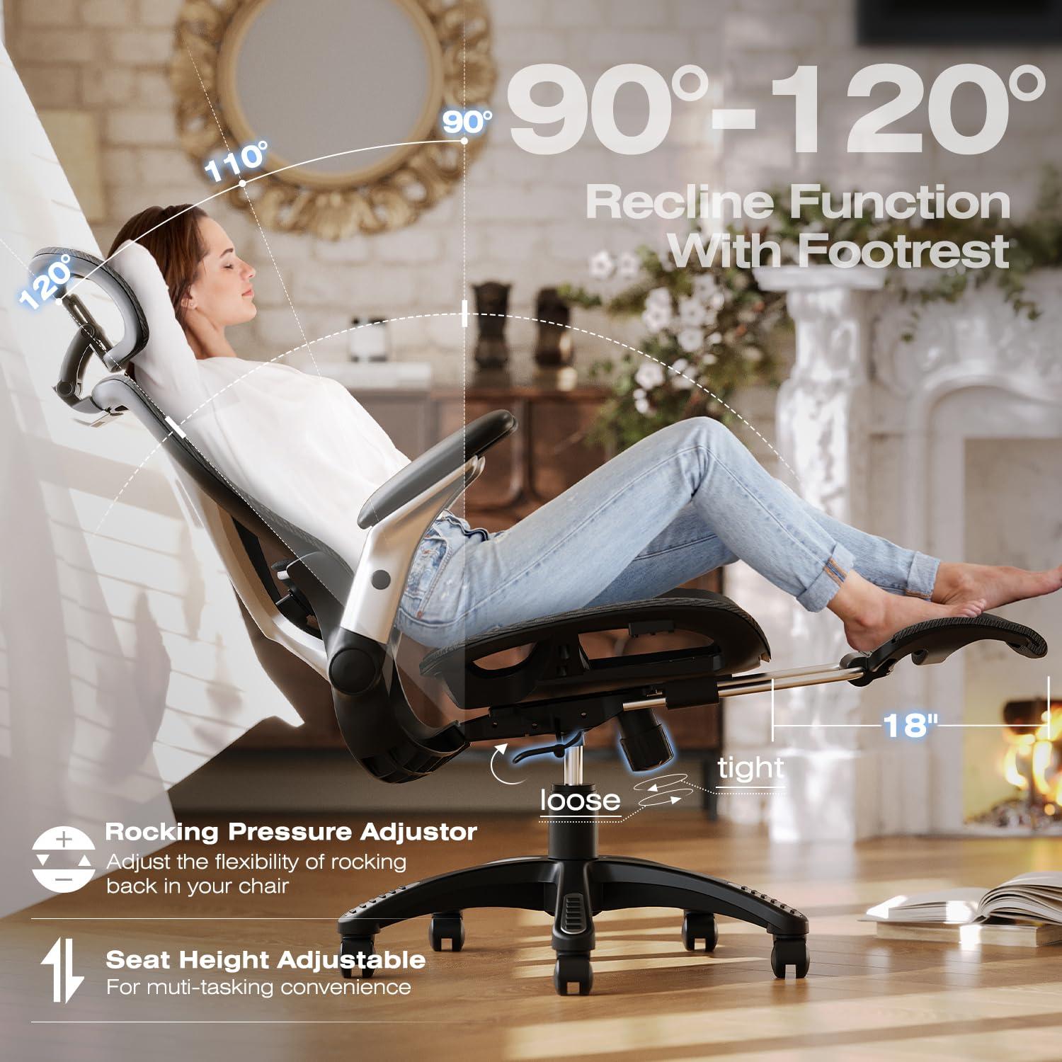 ELABEST X100 Ergonomic Office Chair with Footrest, Big and Tall Home Desk Chair with 5D Flip-Up Arms, Adjustable 3D Adaptive Lumbar Support,High Back Rolling Computer Chair, Swivel Gaming Mesh Chairs - Image 7
