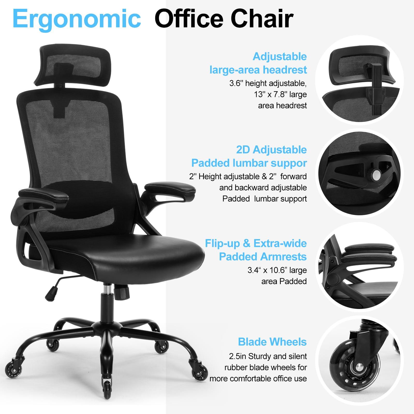 Seevoo Ergonomic Office Chair, Desk Chair with Adjustable Lumbar Support, High Back Mesh Chair with Blade Wheels, Executive Chair for Home Office - Image 4
