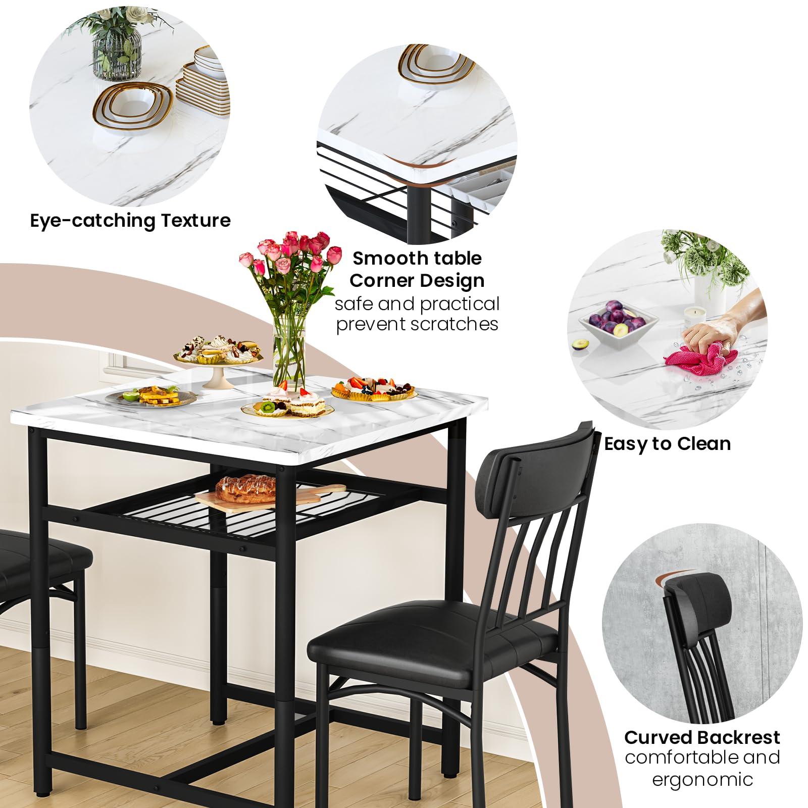 Lamerge 3-Piece Marble Table and Chairs Set, Kitchen Table and Leather Chairs for 2 People, Built-in Wine Rack for Small Space, Square Dinette Kitchen Table Set for Apartment, Studio, Home & Office - Image 6