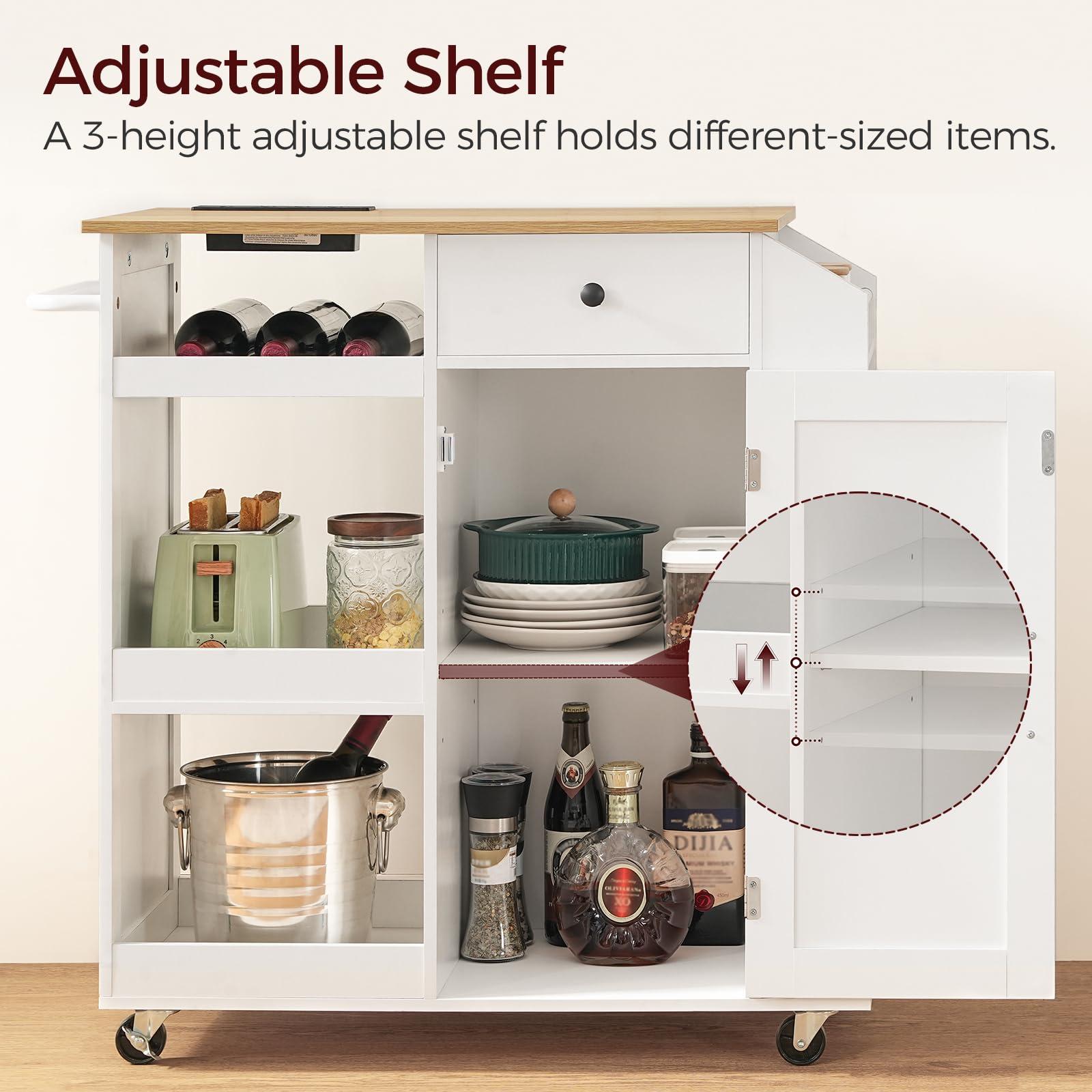 MAHANCRIS Kitchen Island with Power Outlet, Kitchen Island Cart with Drawer, Island Table for Kitchen, Spice Rack, Towel Rack, Wine Rack, for Dining Room, White and Natural KINW122E01N1 - Image 8