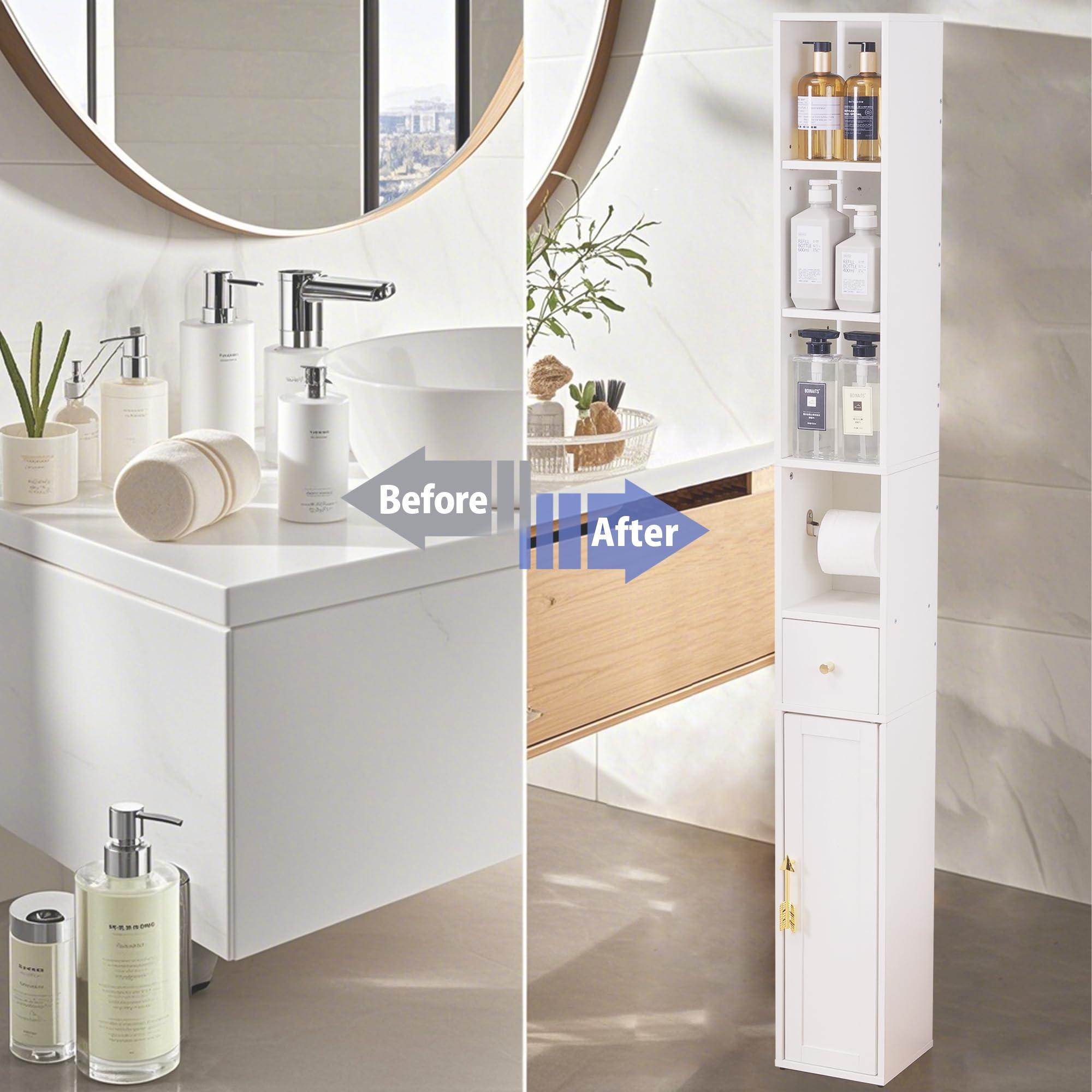 VECELO Tall Bathroom Cabinet with 3 Adjustable Shelves, Slim Storage Cabinet with Toilet Paper Holder & Drawer,Narrow Cabinet with Farmhouse Door & Arrow Handle, Pearl White - Image 5
