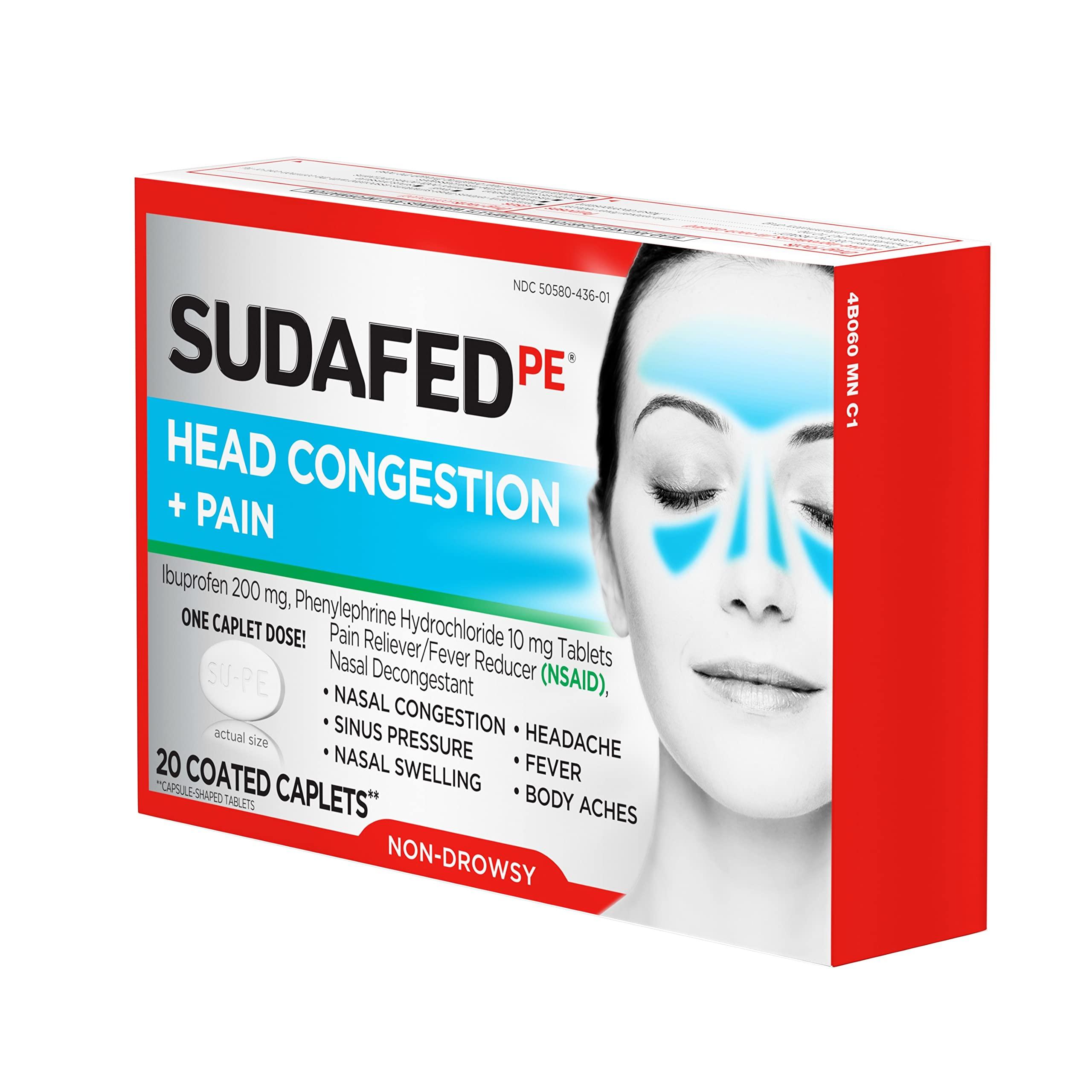 Sudafed PE Head Congestion + Pain Relief Caplets Ibuprofen Phenylephrine HCl, 20 Count (Pack of 2) - Image 9