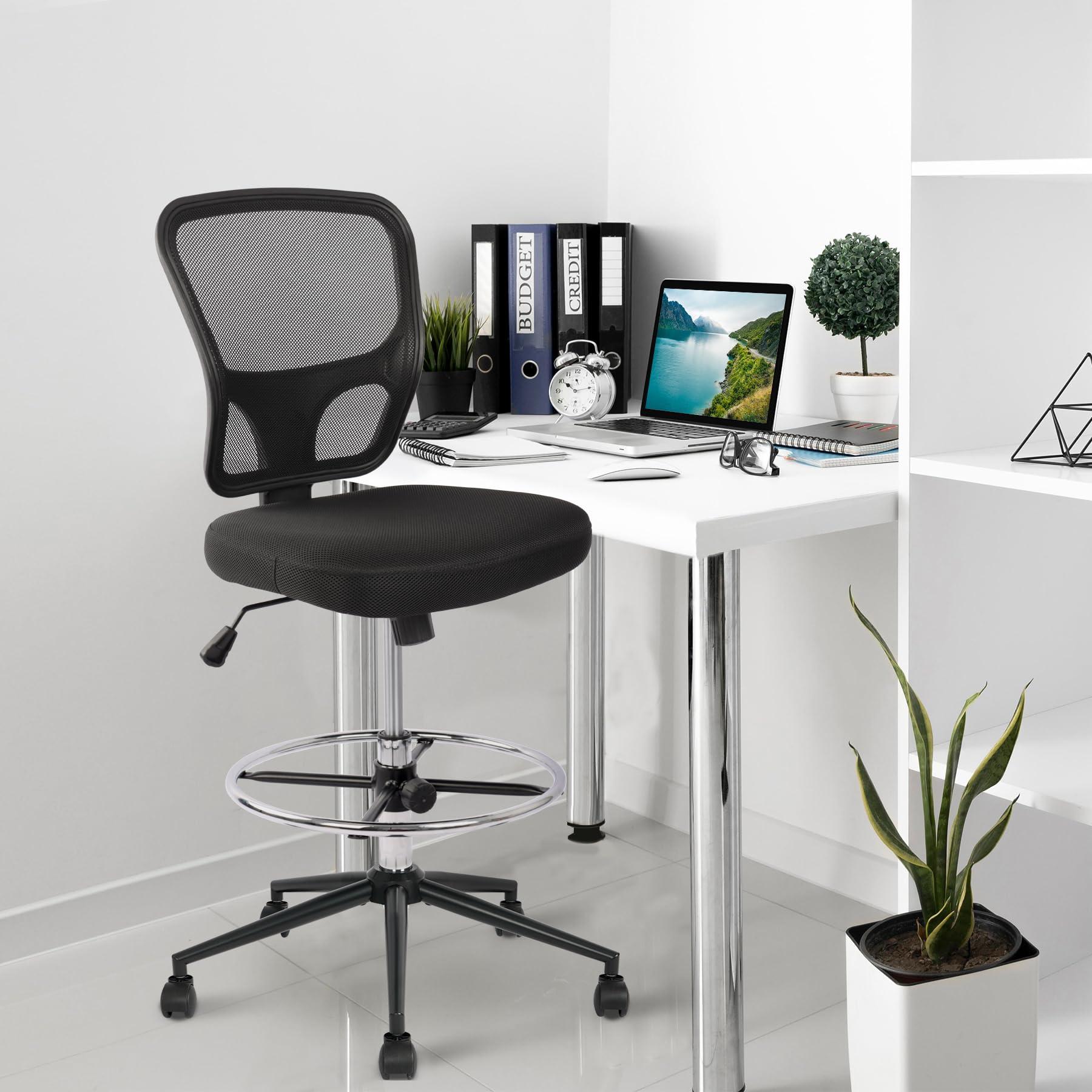 Armless Drafting Chair Tall Office Chair Adjustable Height High Back Ergonomic Desk Chair Drafting Stool Rolling Bar Stools Chairs with Footrest and Wheels - Image 2
