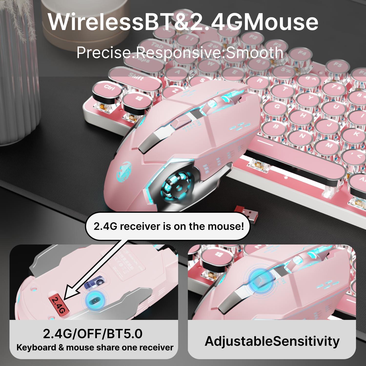 TK950 Wireless Typewriter Keyboard and Mouse Combo, 104 Keys Retro Typewriter Mechanical Keyboard with White Backlit, Anti-Ghosting, Blue Switch, Bluetooth/2.4G/Wired Cute Gaming Keyboards-Pink - Image 6
