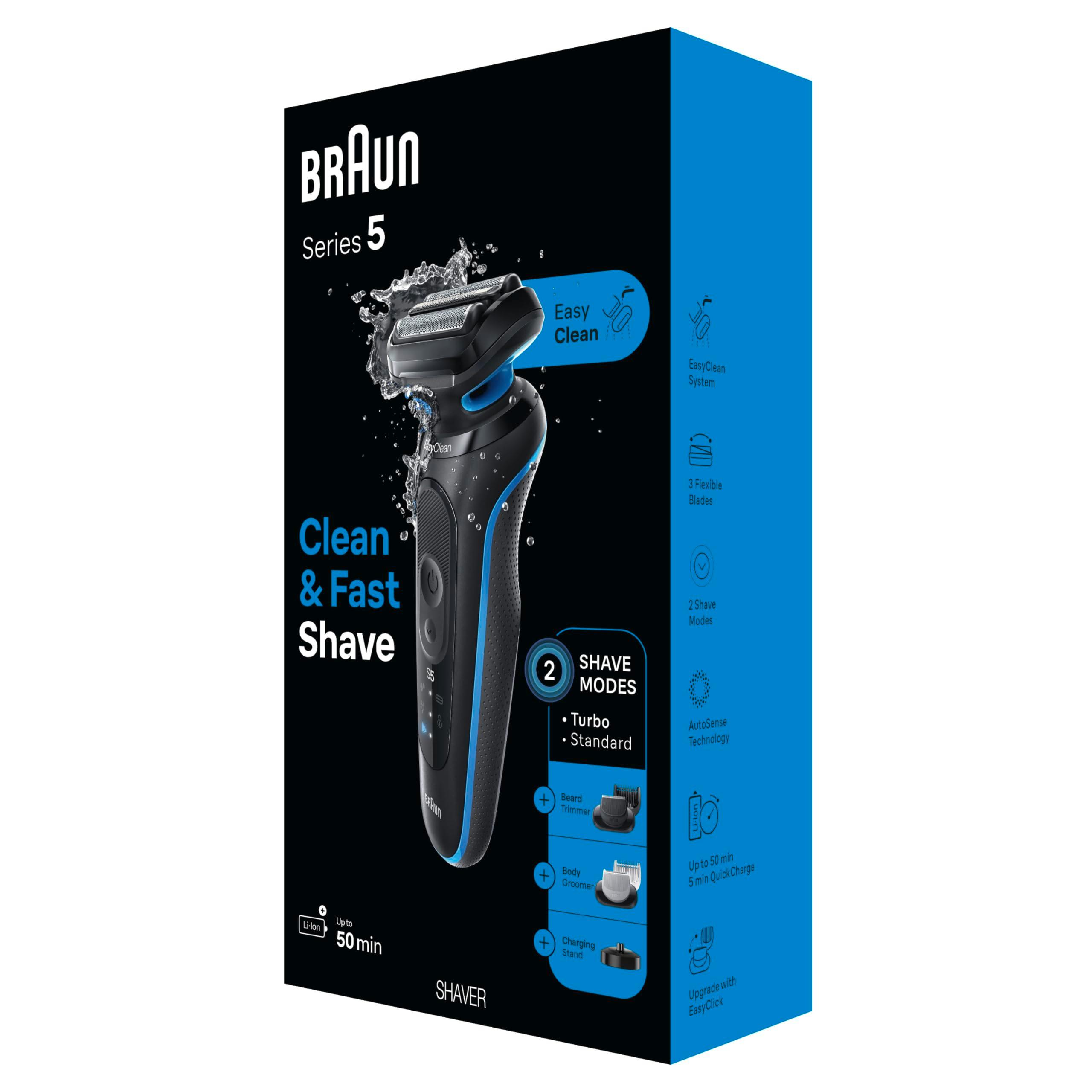 Braun Electric Shaver for Men, Series 5 5150cs, Wet & Dry Shave, Turbo Shaving Mode, Foil Shaver, with Beard Trimmer, Body Groomer and Charging Stand, Blue - Image 9
