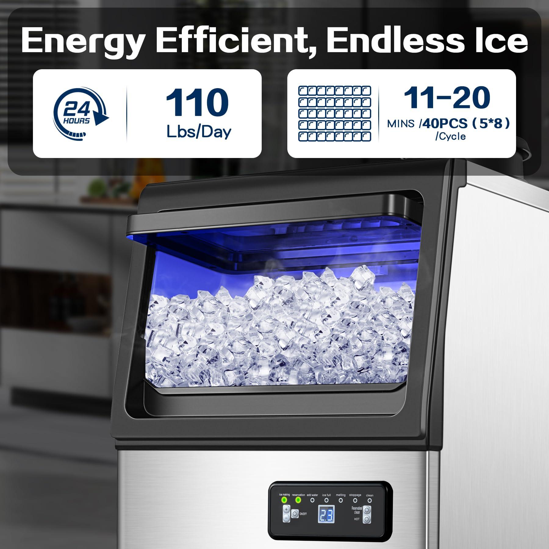Commercial Ice Maker Machine 110LBS/24H, Undercounter or Freestanding Ice Machine with 22LBS Storage Bin, Stainless Steel Self-Cleaning for Home, Bar, Restaurant, Coffee Shop - Image 2