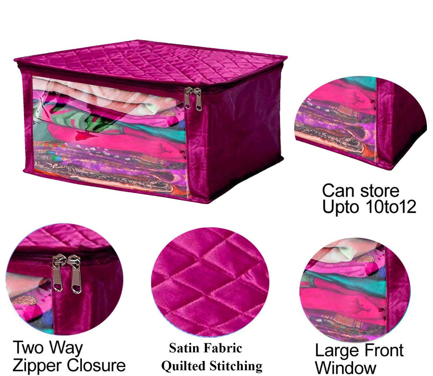 atorakushon Satin Fabric Foldable Garments Saree Blouse Cover Bag Pouch Closet Wardrobe Organizer With Clear Window Zipper Lock Pack of 5 (Purple) - Image 6