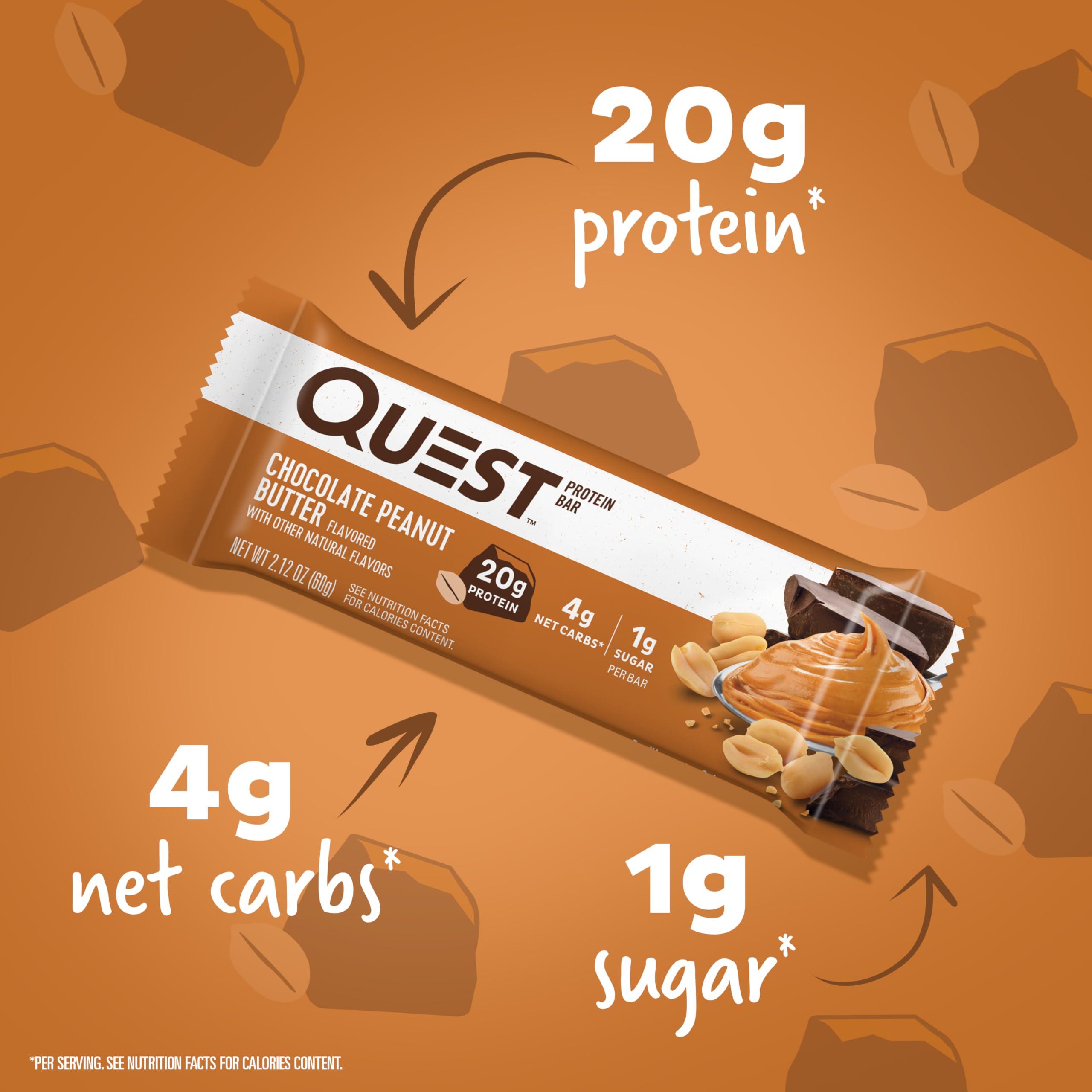 Quest Nutrition Chocolate Peanut Butter Bars, 20g Protein, 1g Sugar, 5g Net Carb, Gluten Free, Keto Friendly, 12 Count - Image 2