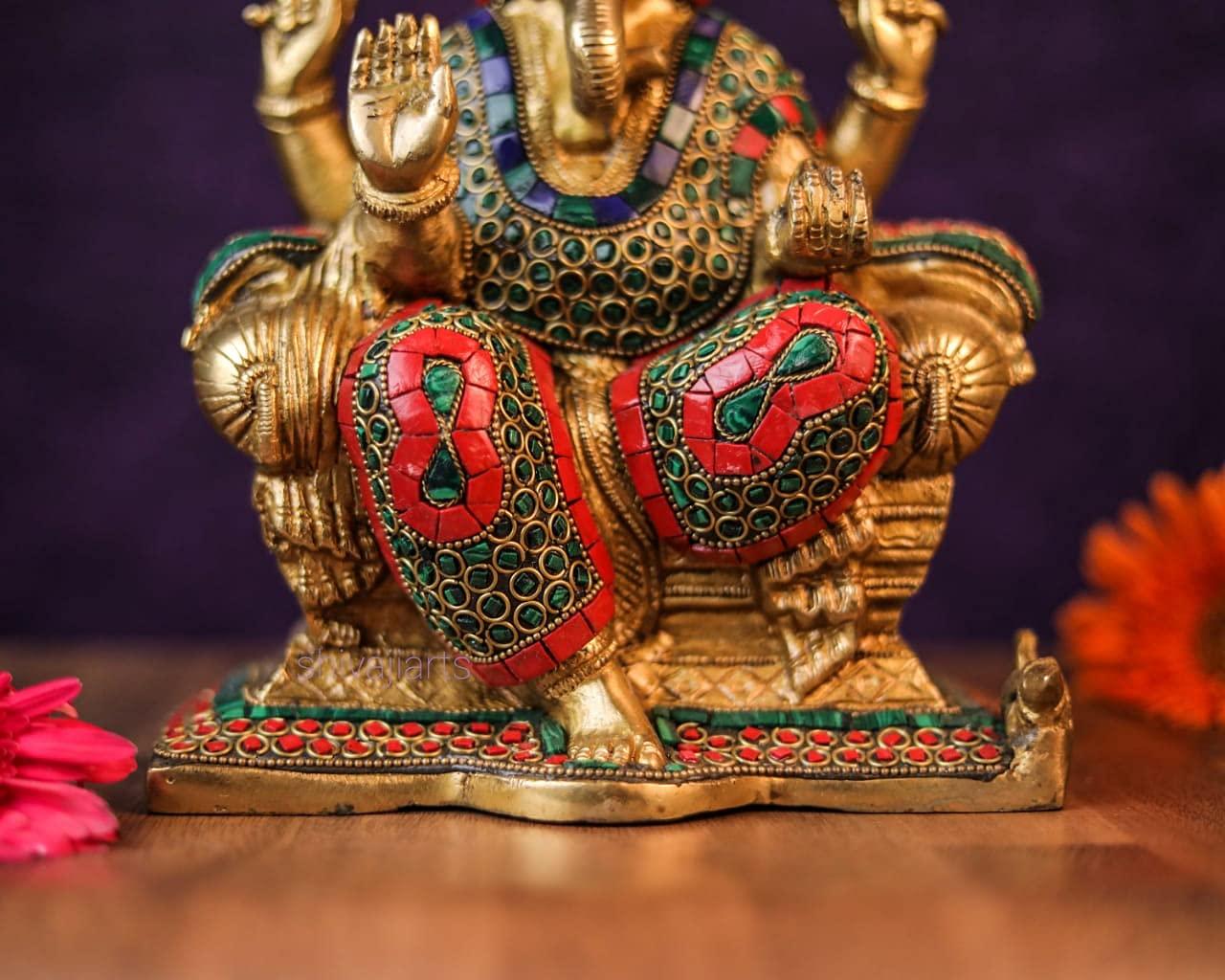 SHIVAJIARTS Brass Ganesh Statue, 25CM Big Size Inlay Work Ganesha Idol, Hindu Deity of God Luck, Vinayak Ganpati, Lord of Wisdom, Brass Sculpture Figurine - Image 4