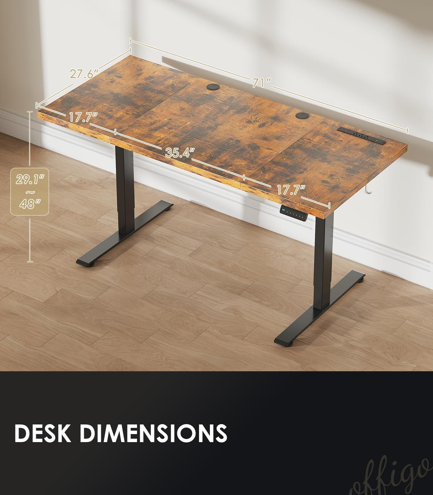OffiGo Electric Standing Desk with 3-Piece Board, 71 Inch Height Adjustable Large Desk with Power Outlets, Sit Stand Table, Writing Computer Desk for Home, Office, Workstation, Rustic Brown - Image 8