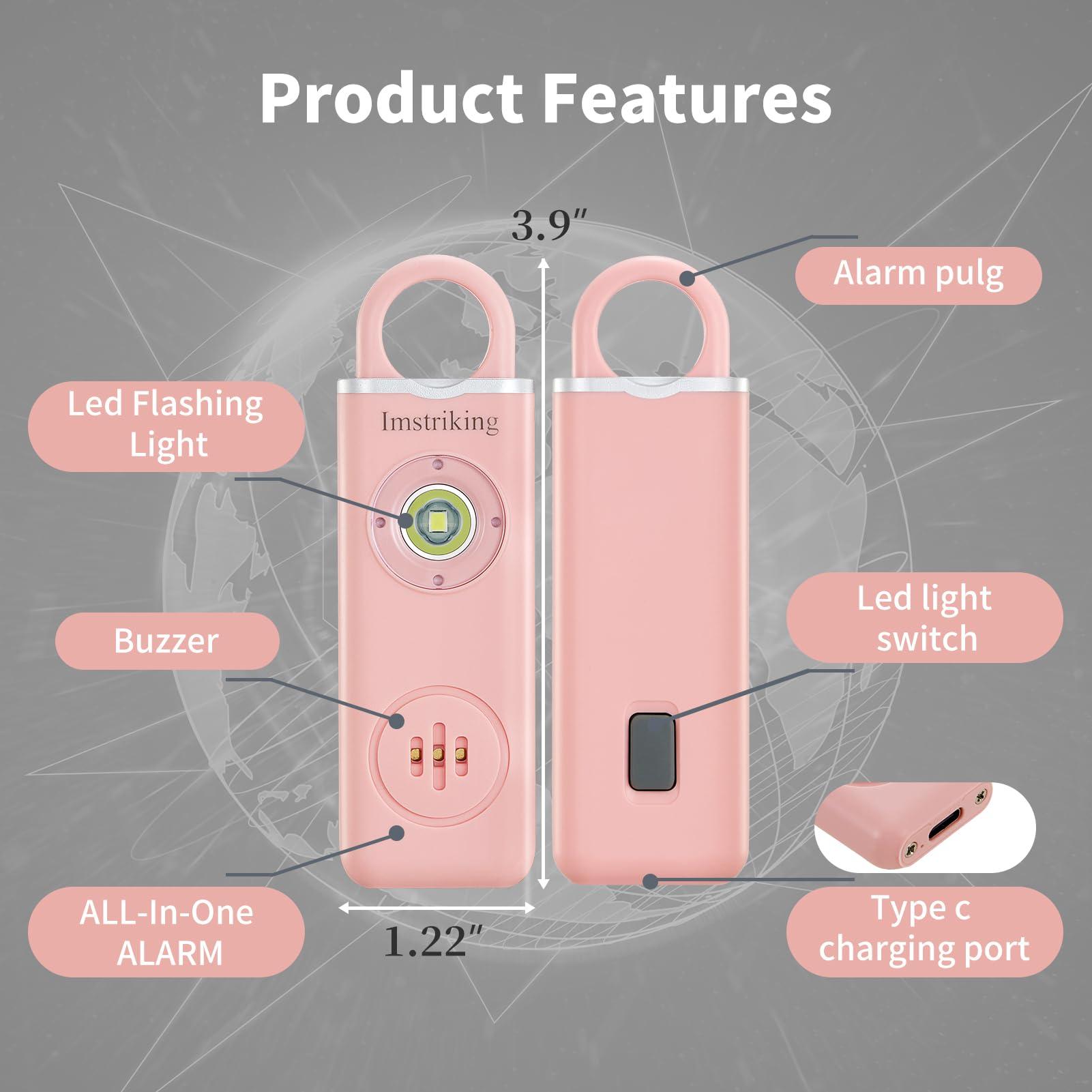 Imstriking Rechargeable Personal Safety Alarm Keychain for Women,Self Defense Keychain Alarm with Strobe Light and 130dB Siren Help Women,Men,Elderly, Emergency Security Whistle Alert (Pink) - Image 3