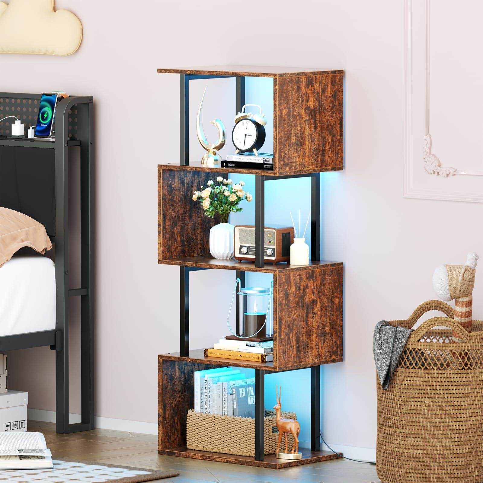 Furologee 5 Tier Geometric Bookshelf with LED Light, Small S-Shaped Bookcase, Industrial Display Standing Shelf, Metal Wooden Decorative Storage Shelves for Bedroom, Living Room, Office, Rustic Brown - Image 5
