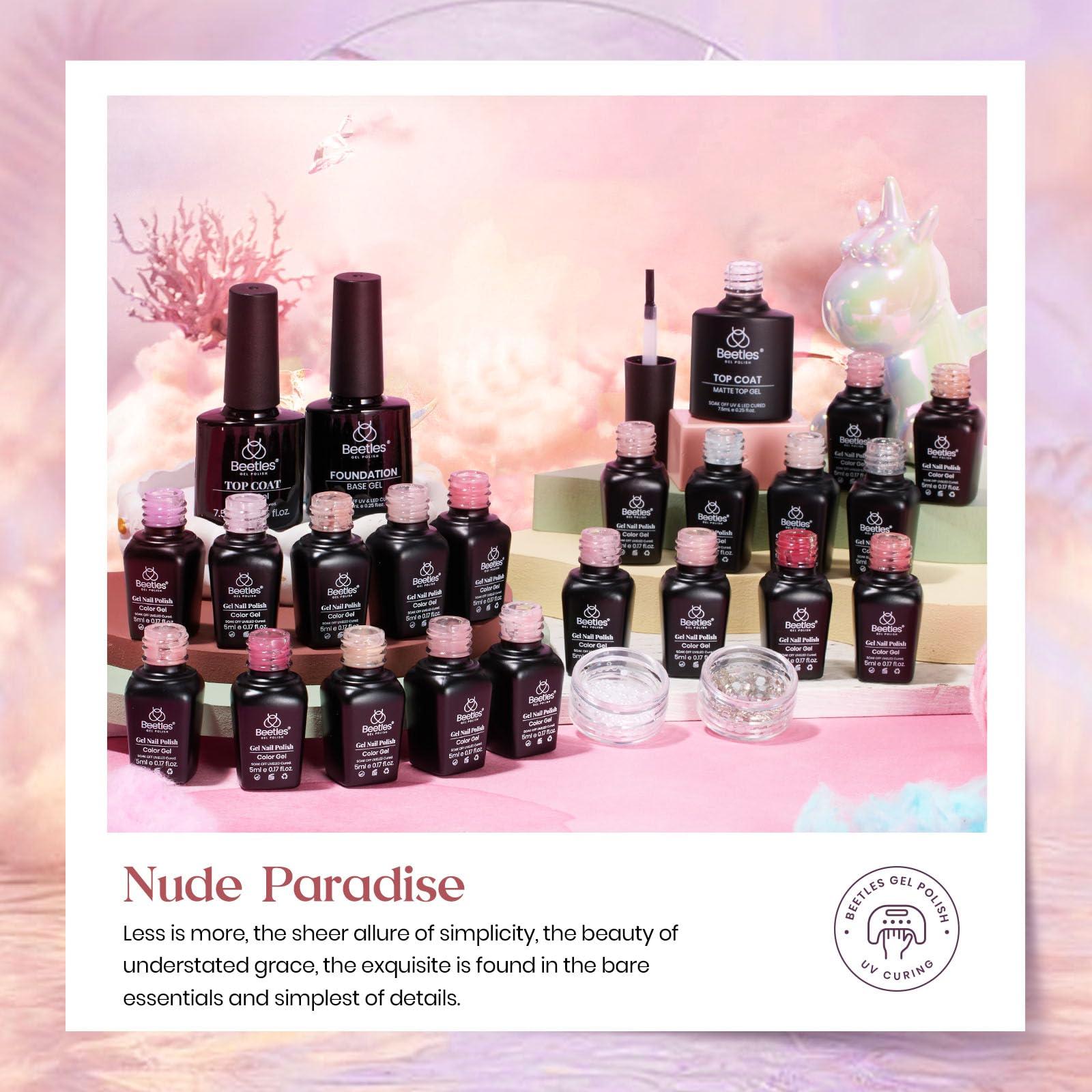 Beetles Pink Nude Gel Nail Polish Kit, 25PCS 20 Colors Neutral Jelly Pink Sheer Glitter White Gel Nail Kit Soak Off UV with Base Glossy Matte Top Coat Pearls Rhinestones Nail Charms Gift for Women - Image 6