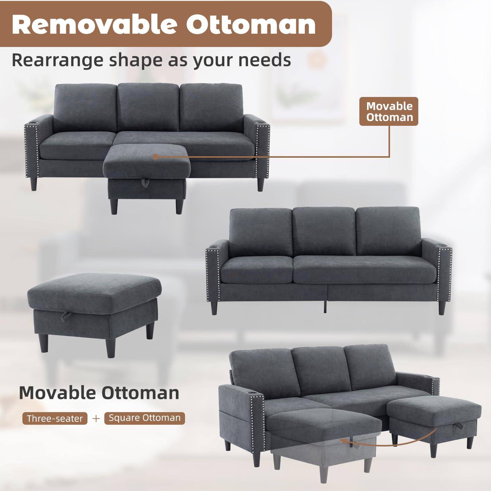 Siiejia Convertible Sectional Couches for Living Room, L-Shaped Couch 3 Seats Sofas with Storage Chaise & 2 Cup Holders, Small Sofa for Apartment, Compact Spaces, Dark Grey - Image 6