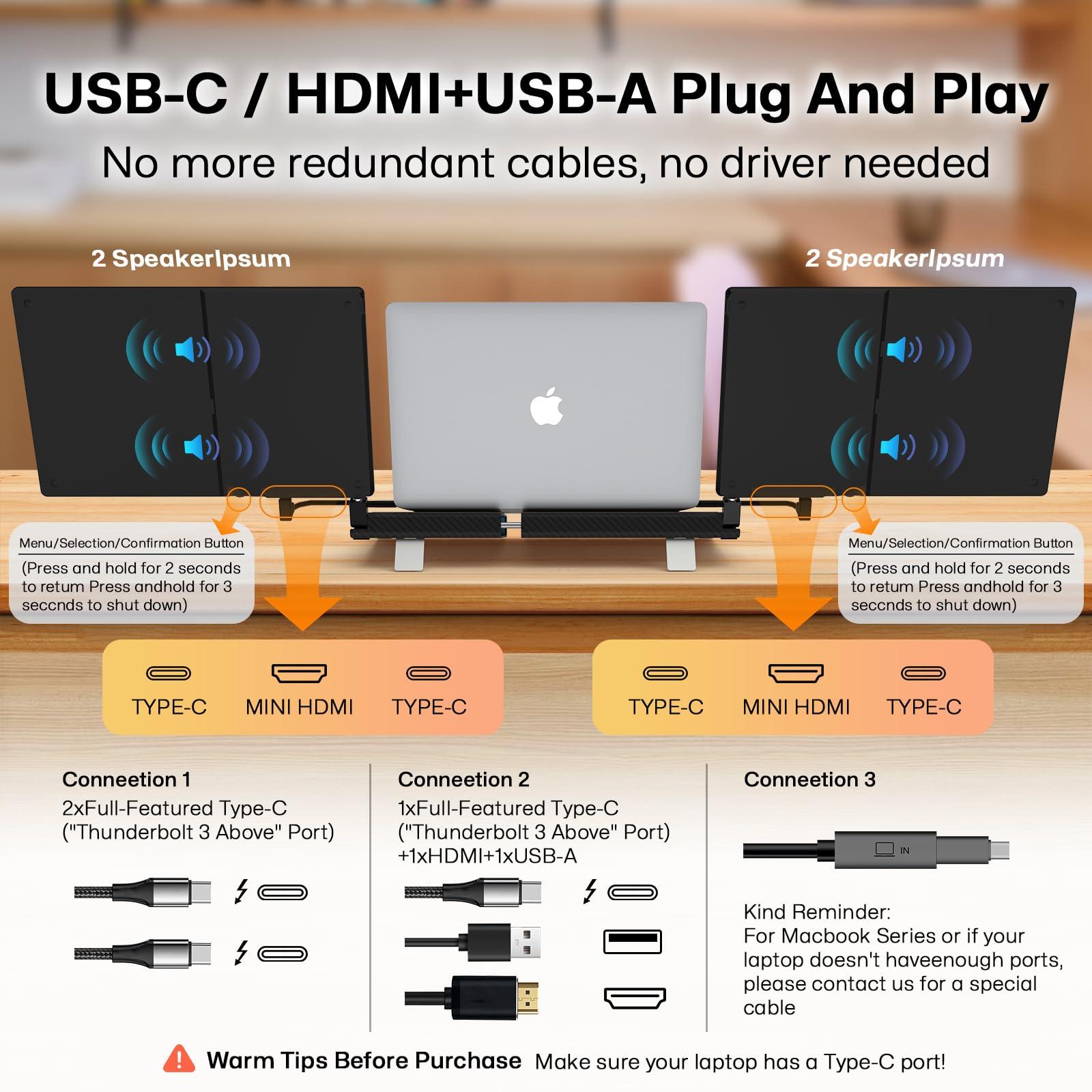 14" Laptop Screen Extender Smart Base - Upgraded Triple Portable Monitor FHD 1080P -300% More Efficient, 360° Rotation/Detachable Dual Display, Plug-Play USB C/HDMI,Laptop Monitor Extender for Win/Mac - Image 6