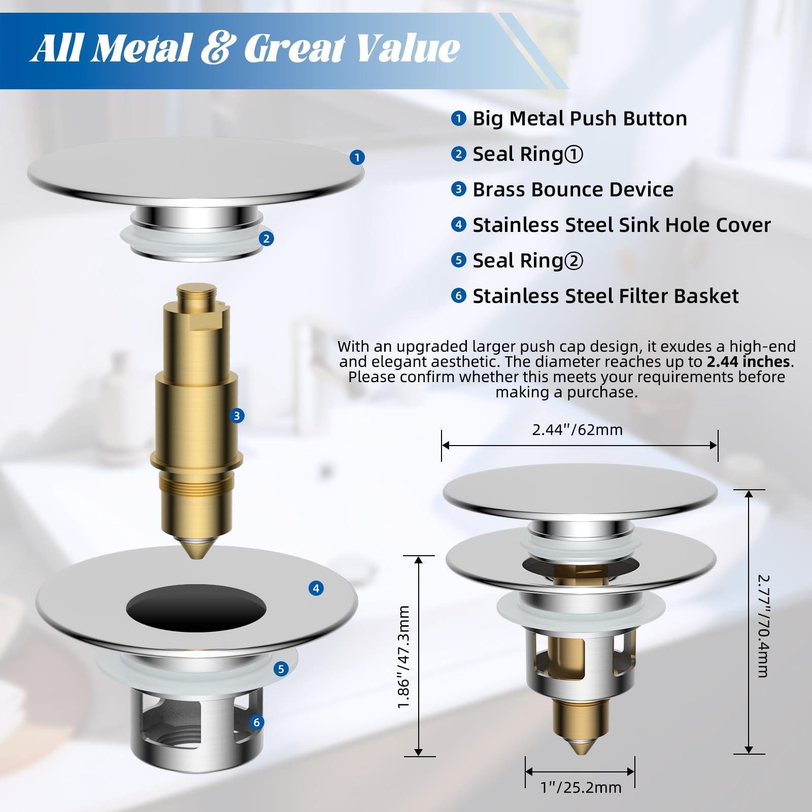 Hibbent All Metal 2 in 1 Bathroom Sink Stopper, Universal Pop Up Drain Strainer, Brass Bullet Core Push Type Sink Stopper for 1.1''~2.3'' Basin, Big Push Button, Anti Clogging Drain Filter, Chrome - Image 2