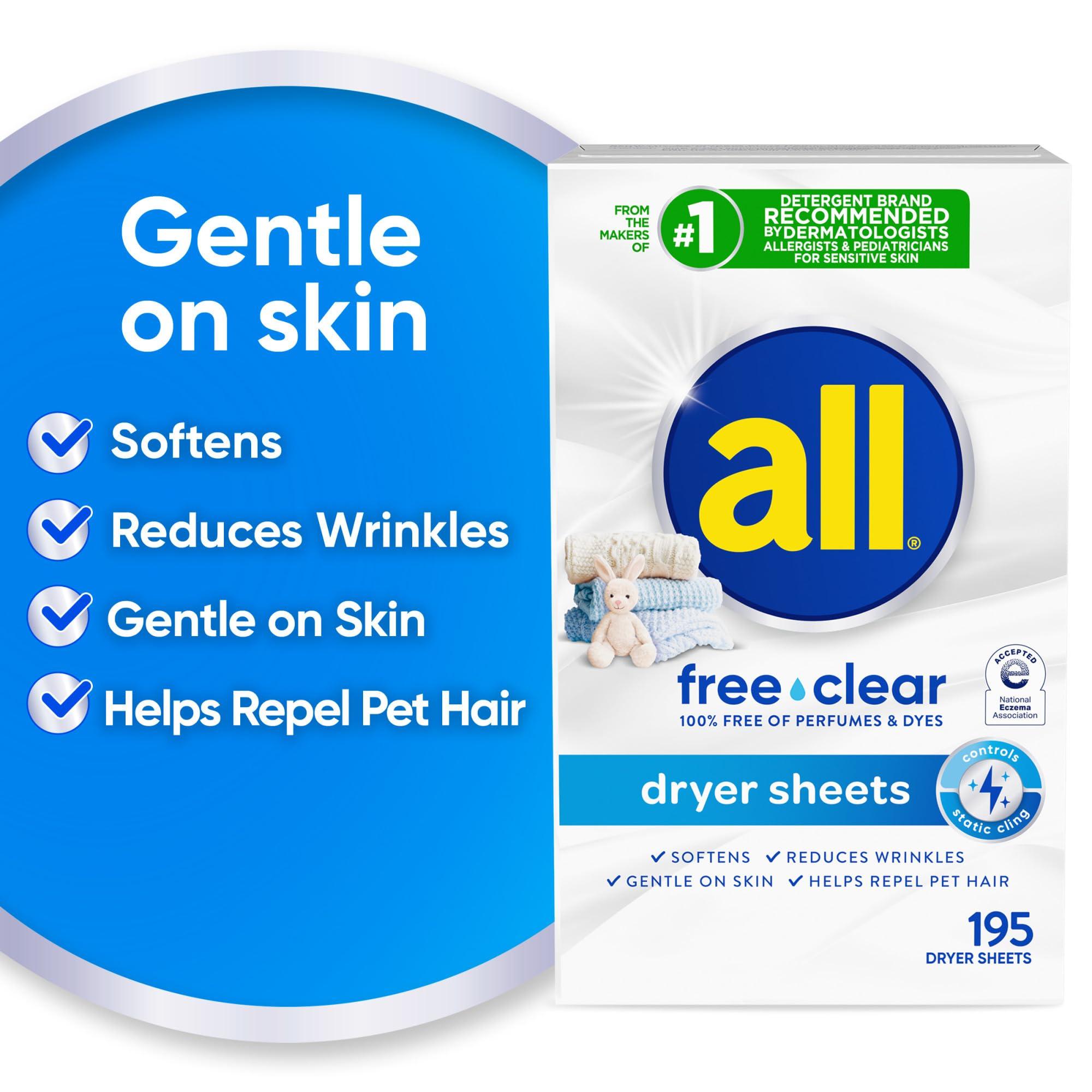 all Fabric Softener Dryer Sheets for Sensitive Skin, Free Clear, 195 Count - Image 3