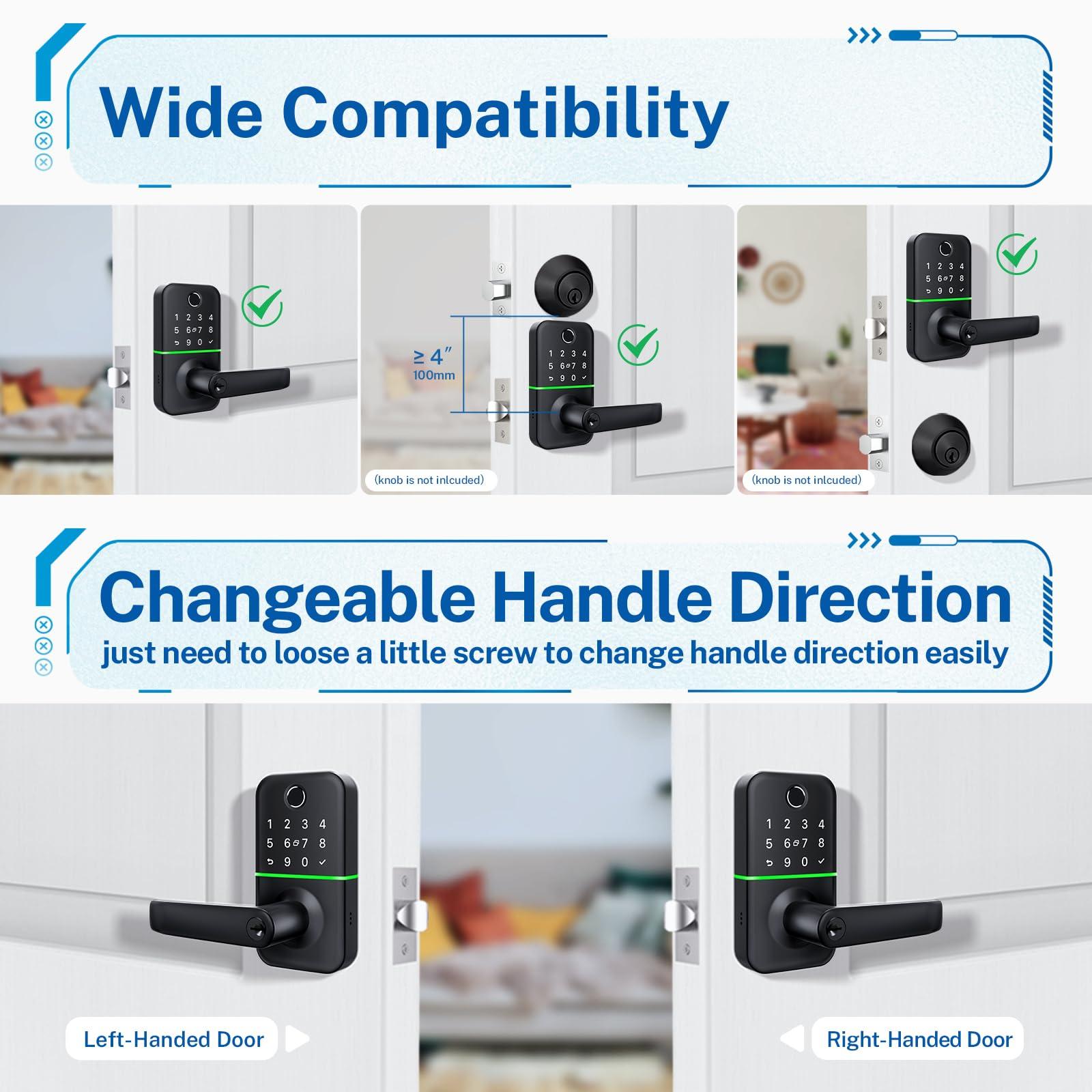 Keypad Smart Door Lock with Handle: Kucacci Keyless Entry Fingerprint Lock - Digital Code Handle with Keypad - Electronic Smart Knob for Front Door - Deadbolt Alternative with App - Easy Installation - Image 5