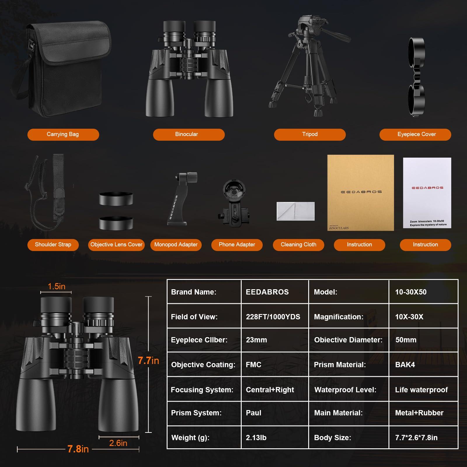 10-30×50 HD Zoom Binoculars for Adults with Upgraded Phone Adapter, Tripod and Tripod Adapter,Clear Low Light Vision at Night Waterproof High Powered Binocular for Bird Watching Travel - Image 7