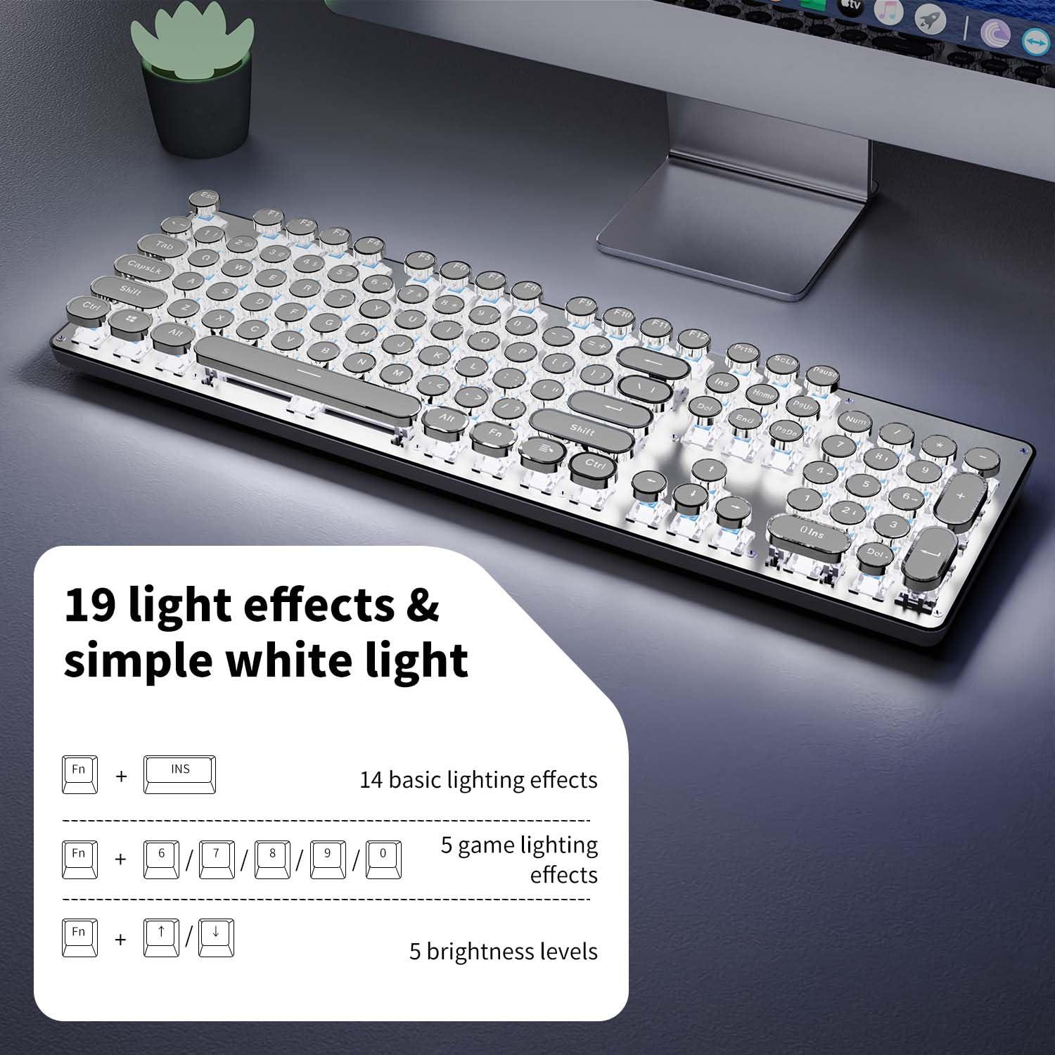 EWEADN TK950 Typewriter Keyboard Wireless Mechanical Keyboards, 104 Keys Aesthetic Typewriter Keyboard with White Backlit, Anti-Ghosting, Blue Switch Bluetooth/2.4GHz/Wired Cute keyboards-White - Image 5