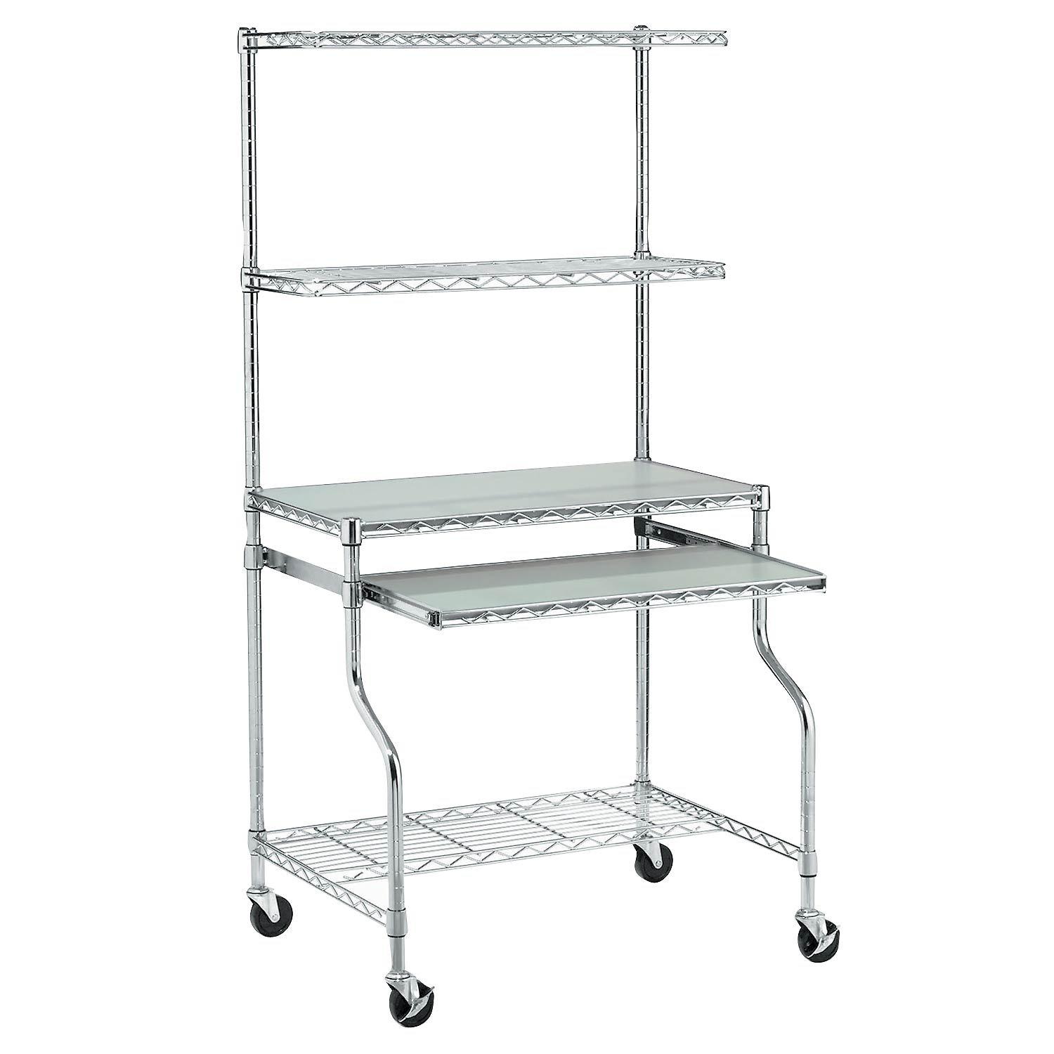 Nexel Commercial Wire Shelf Mobile Computer LAN Workstation, 31.5"W x 24"D x 63"H, Keyboard Tray, Adjustable, Castors, Chrome