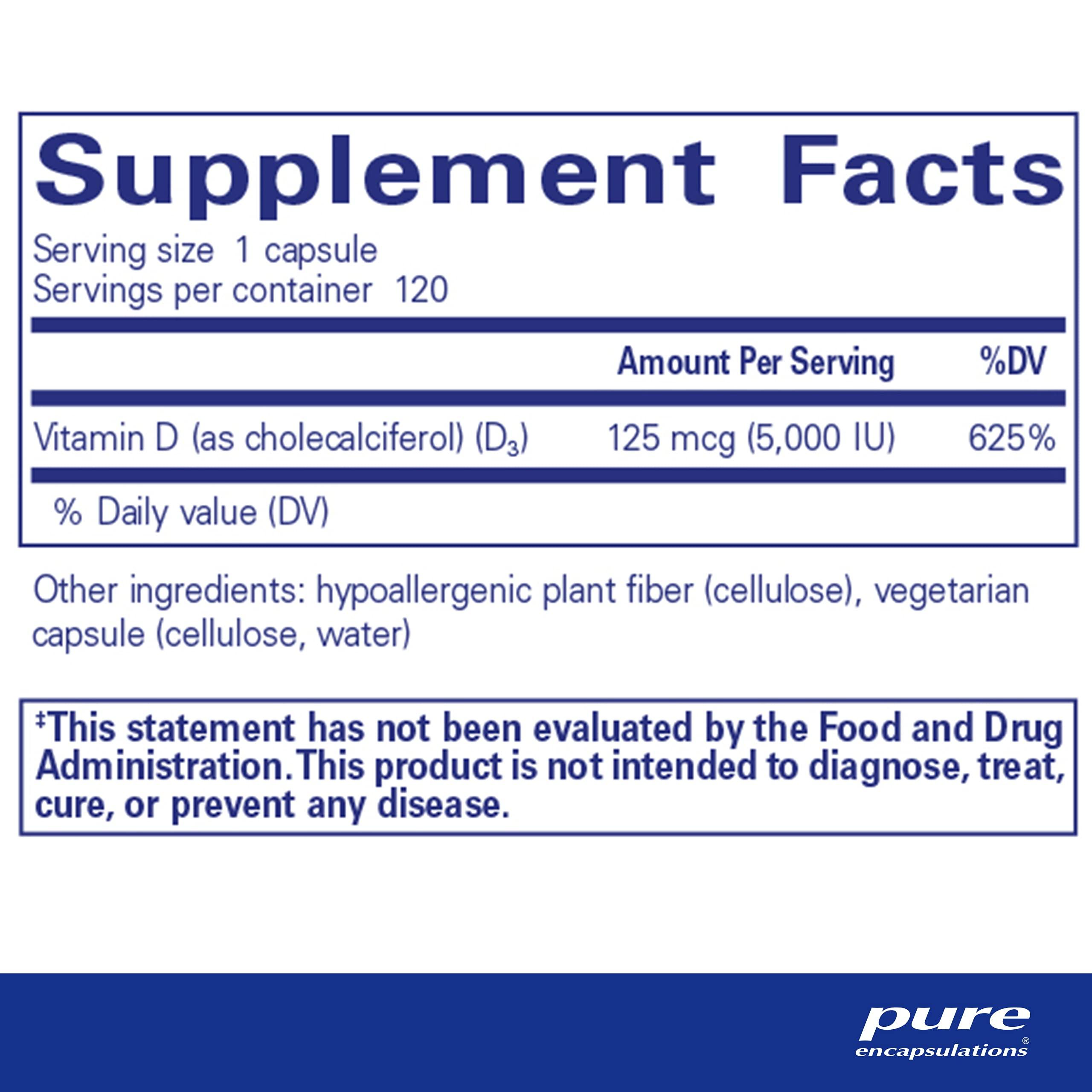 Pure Encapsulations Vitamin D3 125 mcg (5,000 IU) - Supplement to Support Bone, Joint, Breast, Heart, Colon, and Immune Health* - with Vitamin D - 120 Capsules - Image 2