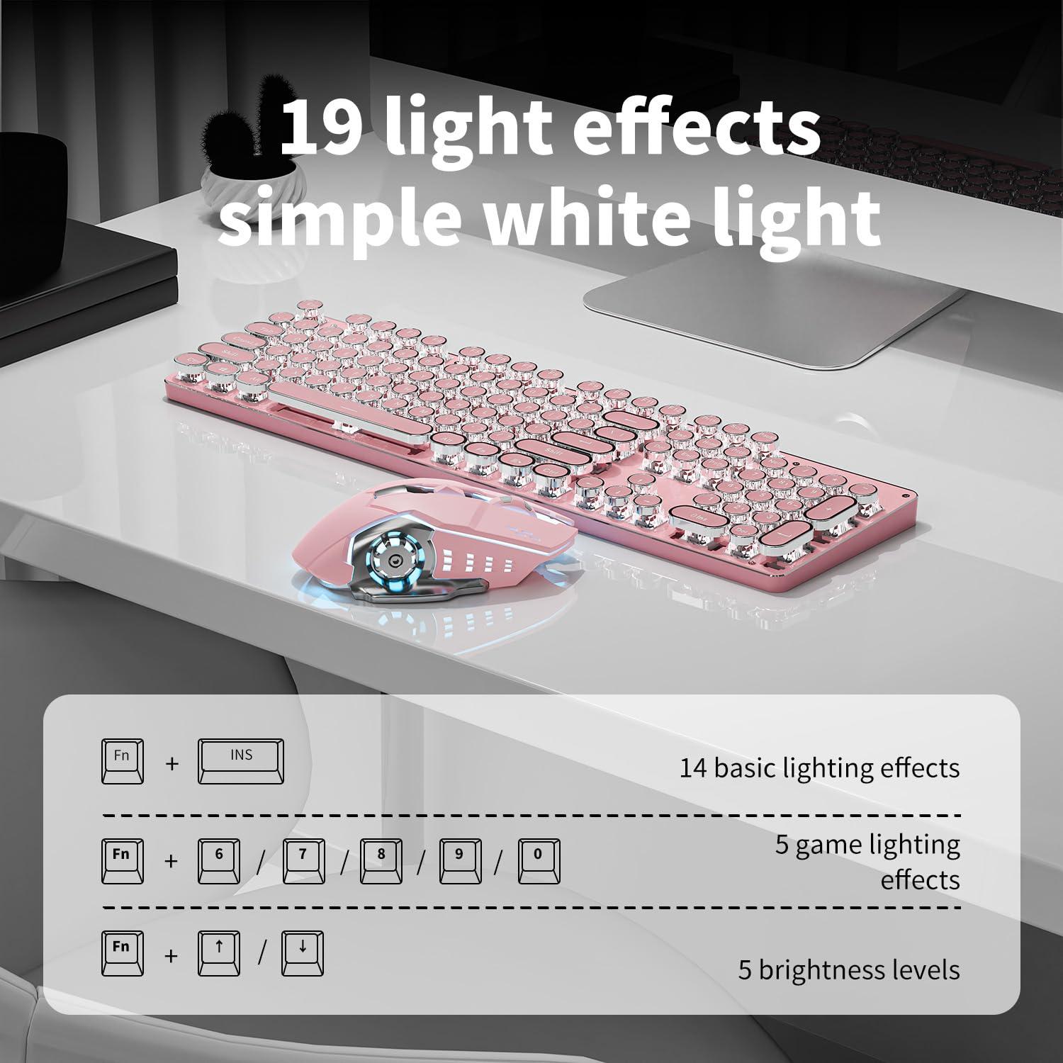 TK950 Wireless Typewriter Keyboard and Mouse Combo, 104 Keys Retro Typewriter Mechanical Keyboard with White Backlit, Anti-Ghosting, Blue Switch, Bluetooth/2.4G/Wired Cute Gaming Keyboards-Pink - Image 4