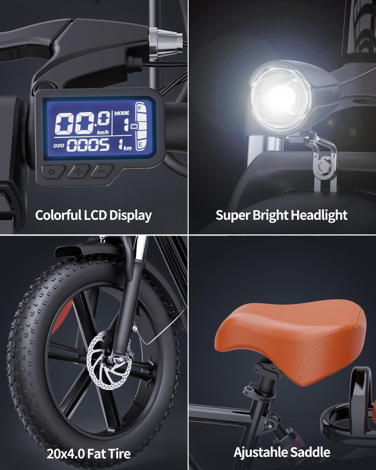 Ridstar 2 Seater Electric Bike for Adults,1500/1000W 30MPH 30-70Miles 48V 15AH Removable Battery Ebike 20" x 4.0 Fat Tire Beach Mountain Commuting Electric Bicycles W/Fork Suspension UL2849 - Image 6