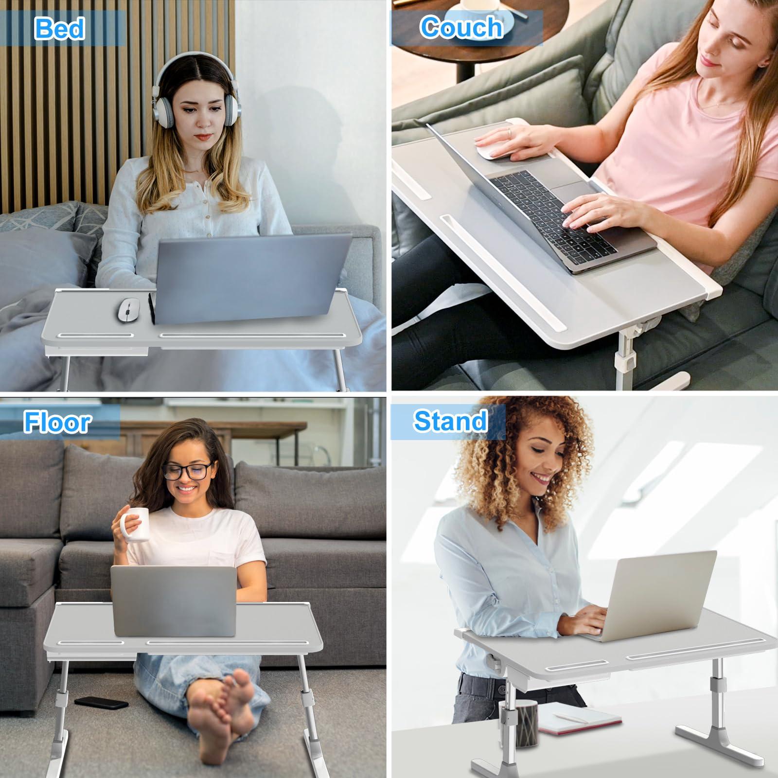 Laptop Bed Desk, X-Large Leather Adjustable Computer Bed Table Tray, Foldable Laptop Lap Desk for Bed Sofa Couch Floor Writing Eating Working with Drawer 2 Movable Stoppers (23.6 inch, Grey) - Image 3