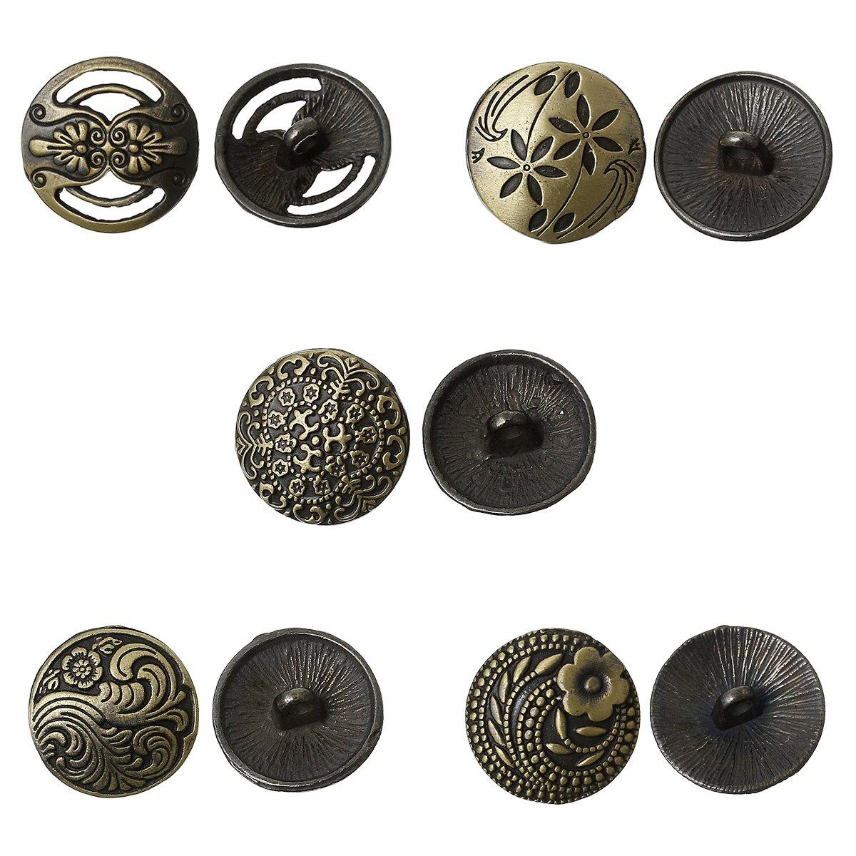 JGFinds Shank Button - 30 Pack, 6 of Each Assorted Design, Carved Bronze Tone Metal, Mixed Antique and Vintage Look Flowers and Wave Patterns, 17mm Diameter, Decorative Blazer Clothes Luxury Buttons - Image 2