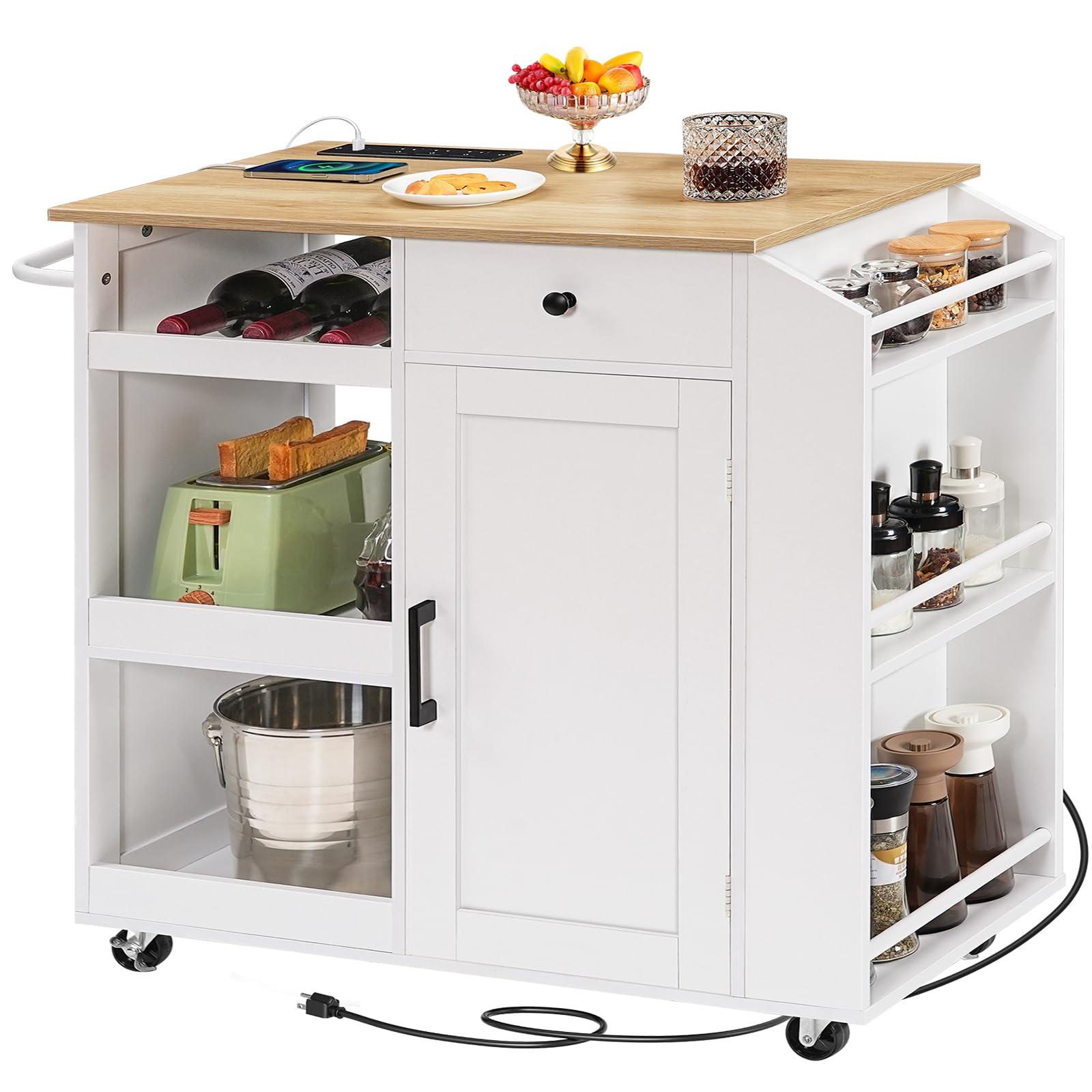 MAHANCRIS Kitchen Island with Power Outlet, Kitchen Island Cart with Drawer, Island Table for Kitchen, Spice Rack, Towel Rack, Wine Rack, for Dining Room, White and Natural KINW122E01N1