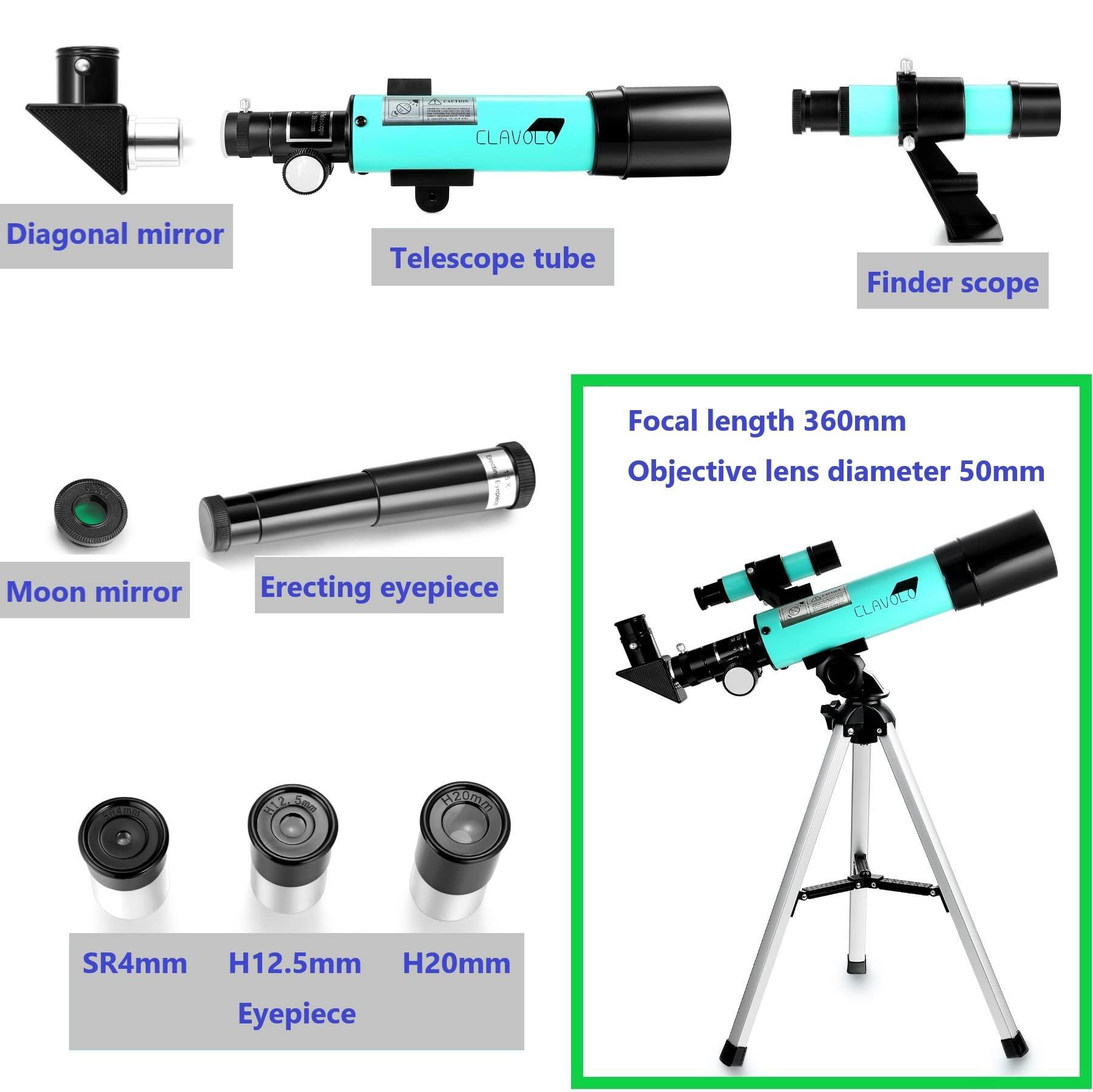 CLAVOLO Refractor Telescope with Finder Scope for Kids & Astronomy Beginners, Travel Telescope with 3 Eyepieces Magnification 18X – 135X - Image 4