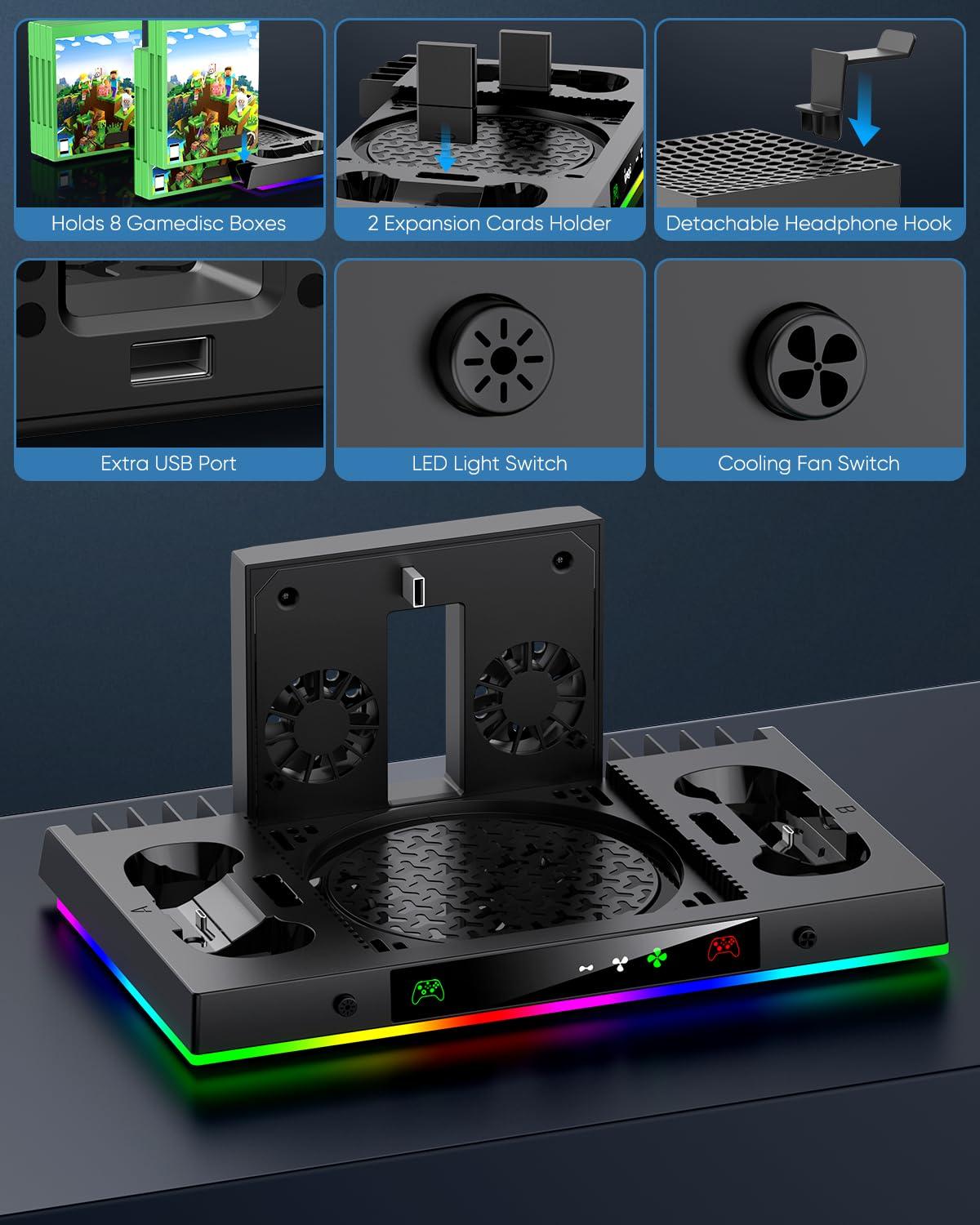 Upgrade Cooling Fan&Dual Charging Stand for Xbox Series X Console&Controller,Cooler Charger Station System for XSX with 15 RGB Light, 2x1400mAh Rechargeable Battery,Disc Accessories Storage (Black) - Image 6