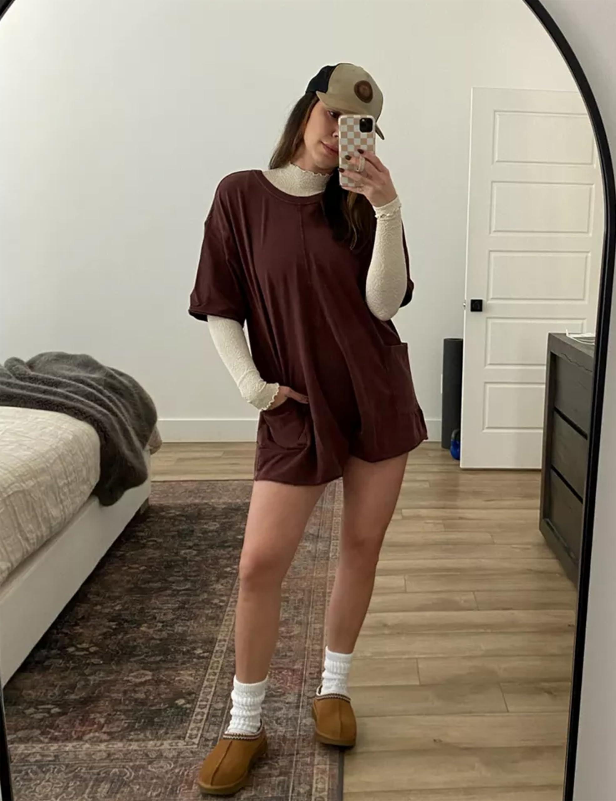 Yeokou Rompers for Women Casual Short Sleeve Oversized Athletic Workout Reversible Hot Shot Tee Romper Deep Pockets - Image 4
