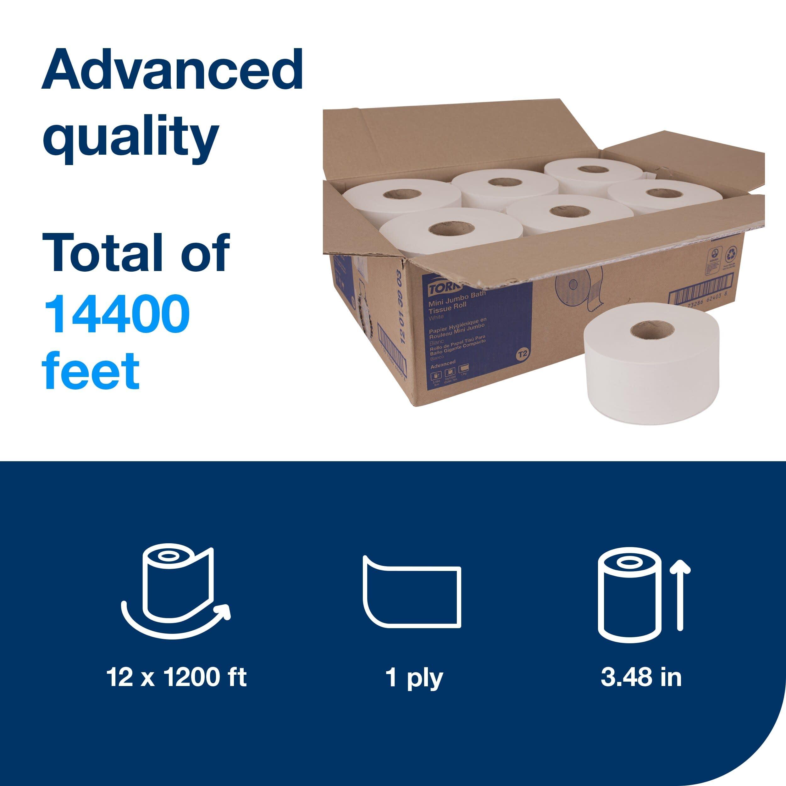 Tork Mini Jumbo Toilet Paper Roll White T2, Advanced, 1-Ply, 12 x 1200', 12013903 - Image 2