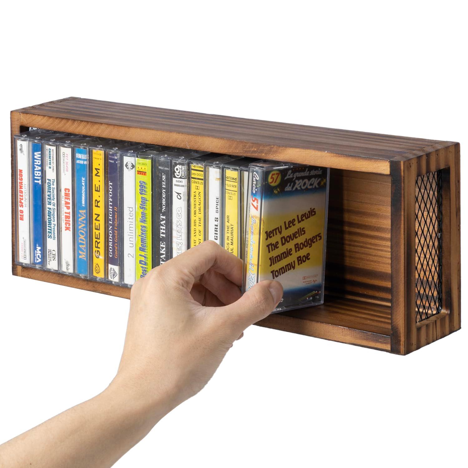 FARM IN Cassette Tape Storage, Farmhouse Style Cassette Rack Towe for Table or Wall Mount, Rustic Solid Burnt Wood & Diamond Metal Wire Mesh