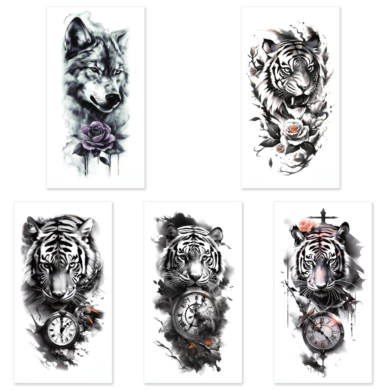 Aivoch Aivoch 10 Sheets Realistic Animals Temporary Tattoo for Men Women Adults, Wolf Tiger Rose Tattoos Stickers, Flowers Fake Tattoo Stickers, Body Art Half Arm Sleeve Tattoos (Animals) - Image 9