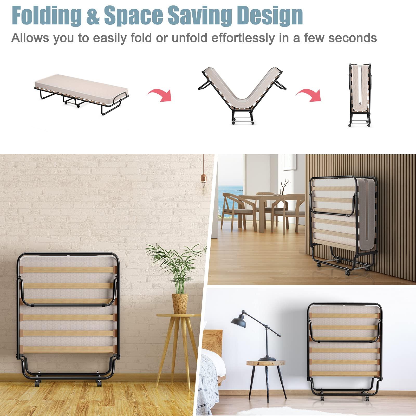 KOMFOTT Rollaway Bed with 4” Mattress, Folding Bed with Memory Foam Mattress for Adults, Portable Guest Bed with Sturdy Steel Frame, Made in Italy - Image 4