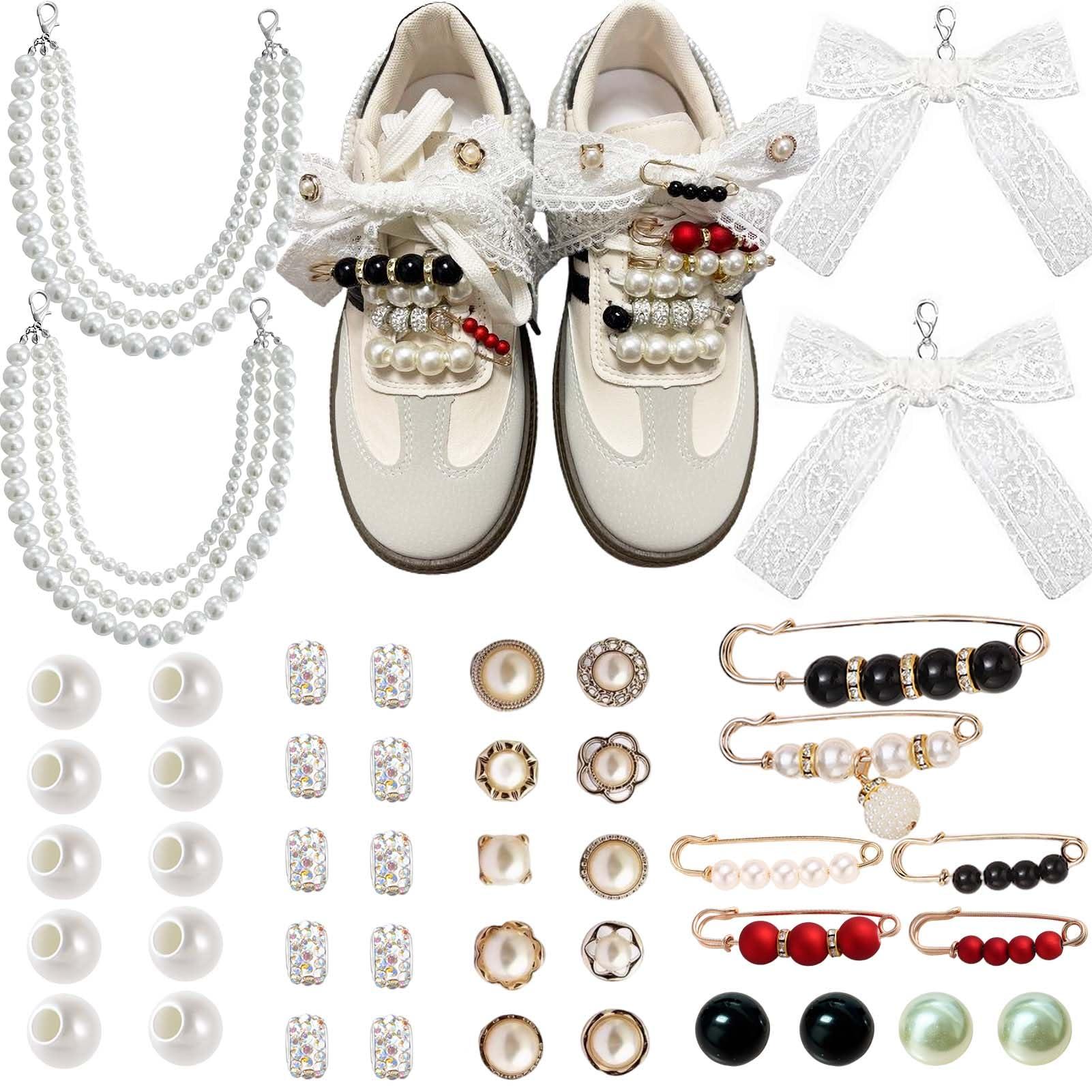 Lospfo 44PCS Shoe Charms for Sneakers Rhinestone Charms for Women Peals Beaded Chain for Shoes DIY Cute Bow/Clips/Jewelry/Pins Shoelace Charms Decoration Shoe Accessories for Gift