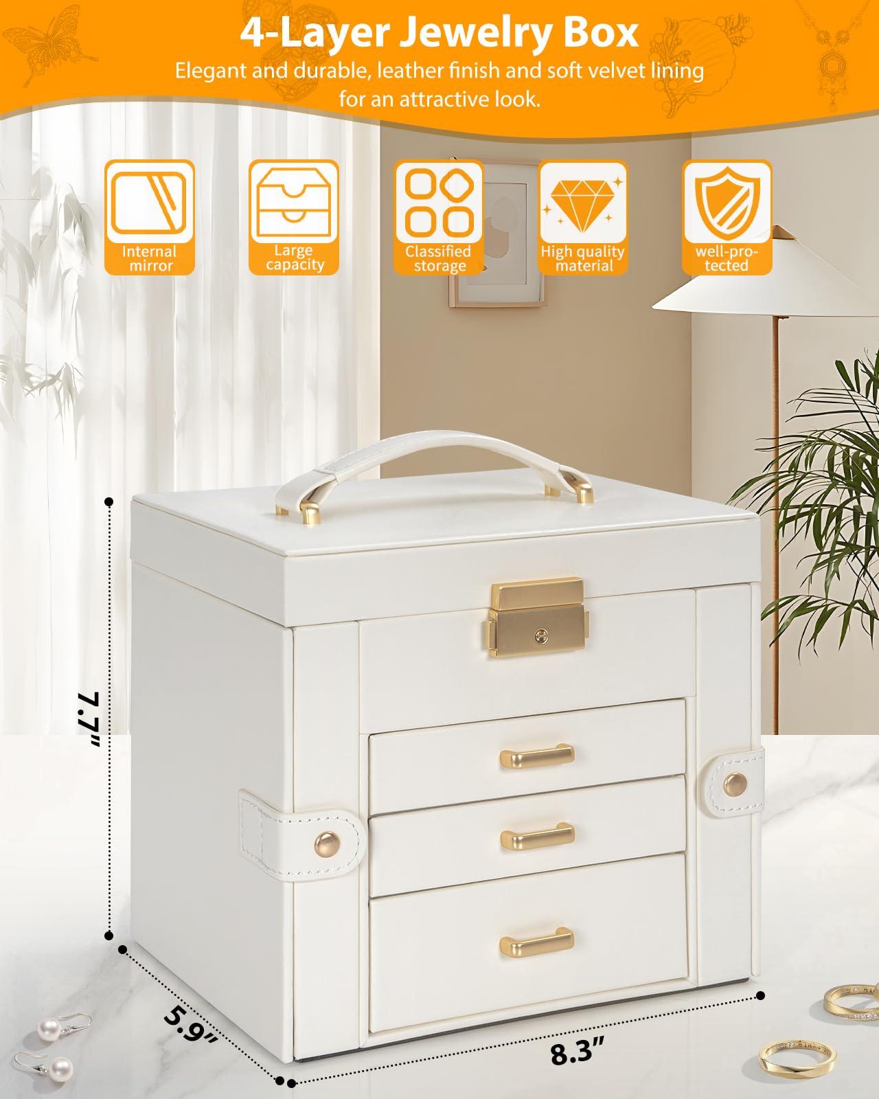 AKOZLIN 4-Tier Jewelry Box Leather Jewelry Storage Organizer with 3 Drawers Lockable for Women Girls Ring Necklace Earring Bracelet Holder with Mirror White - Image 2